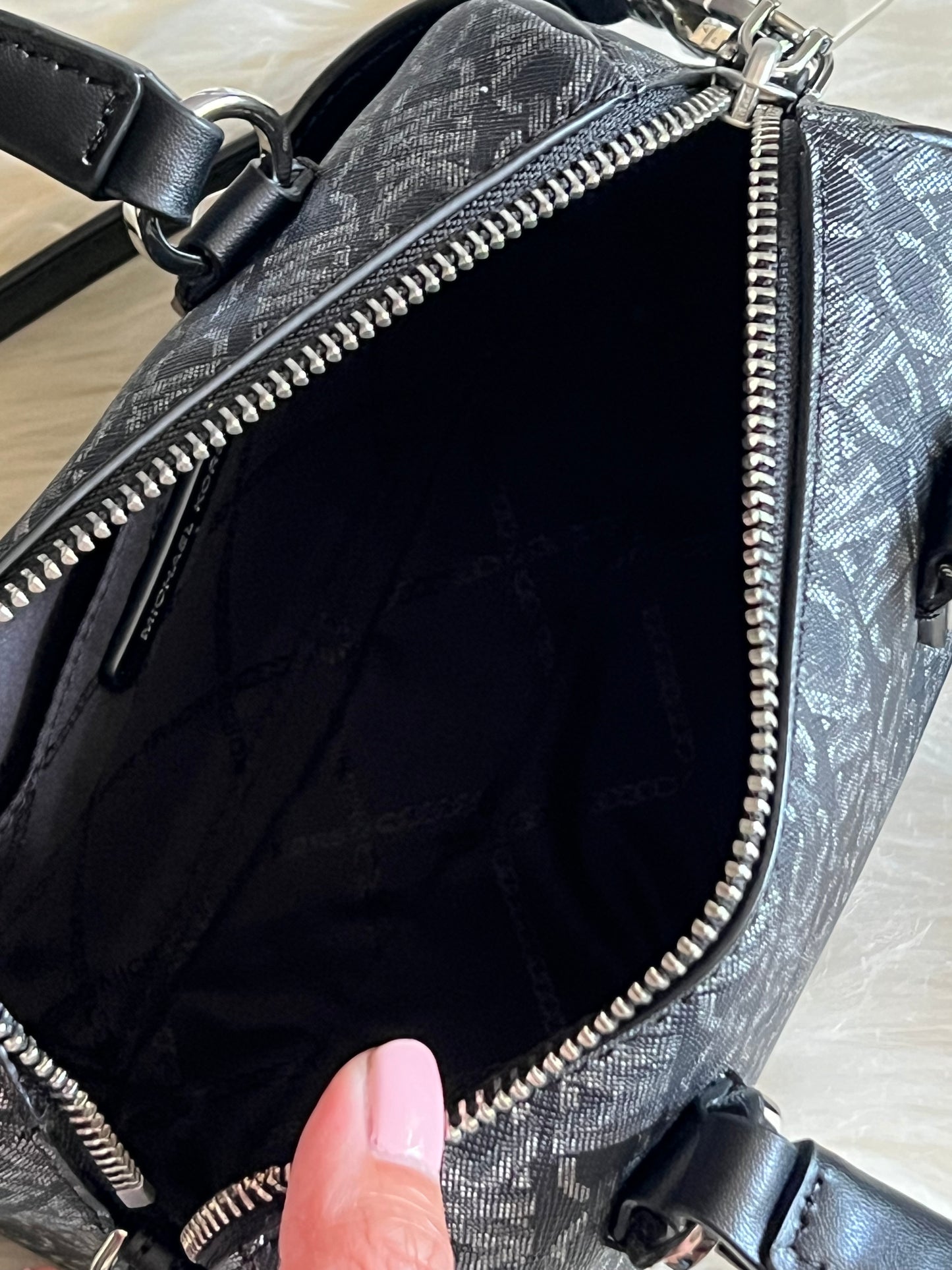 Michael Kors Grayson Small Metallic Empire Monogram Duffel Crossbody Bag