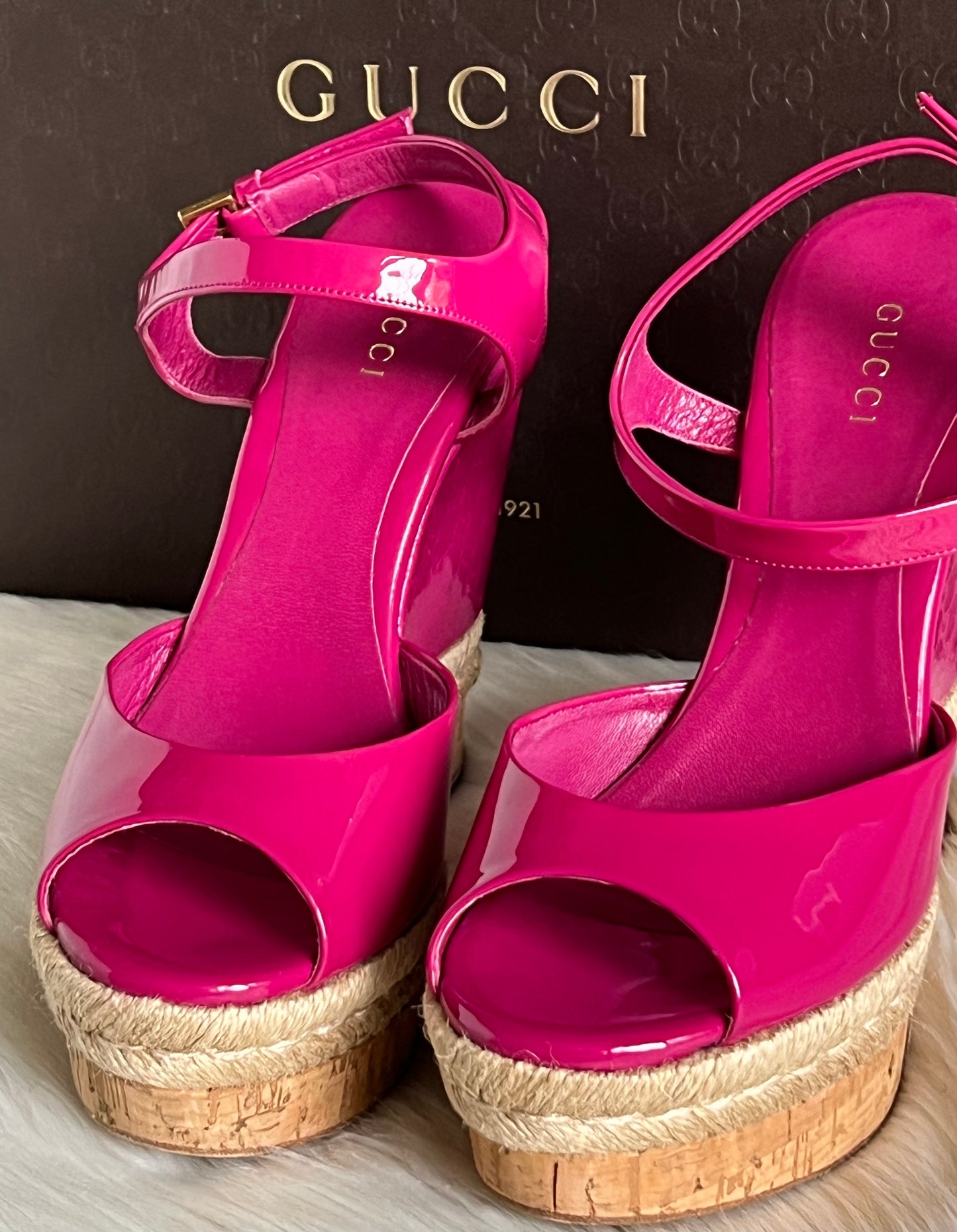 Gucci Vernice Crystal Platform Wedge Sandals