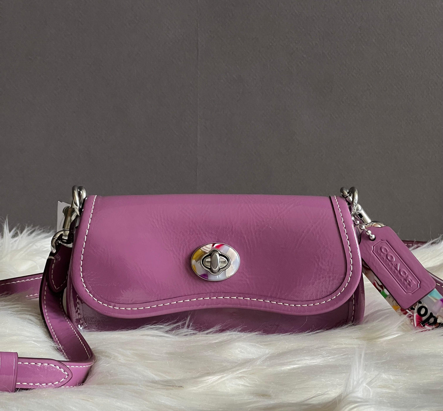 Coach Mini Wavy Dinky Bag with Crossbody Strap in Crinkled Patent Coachtopia Leather