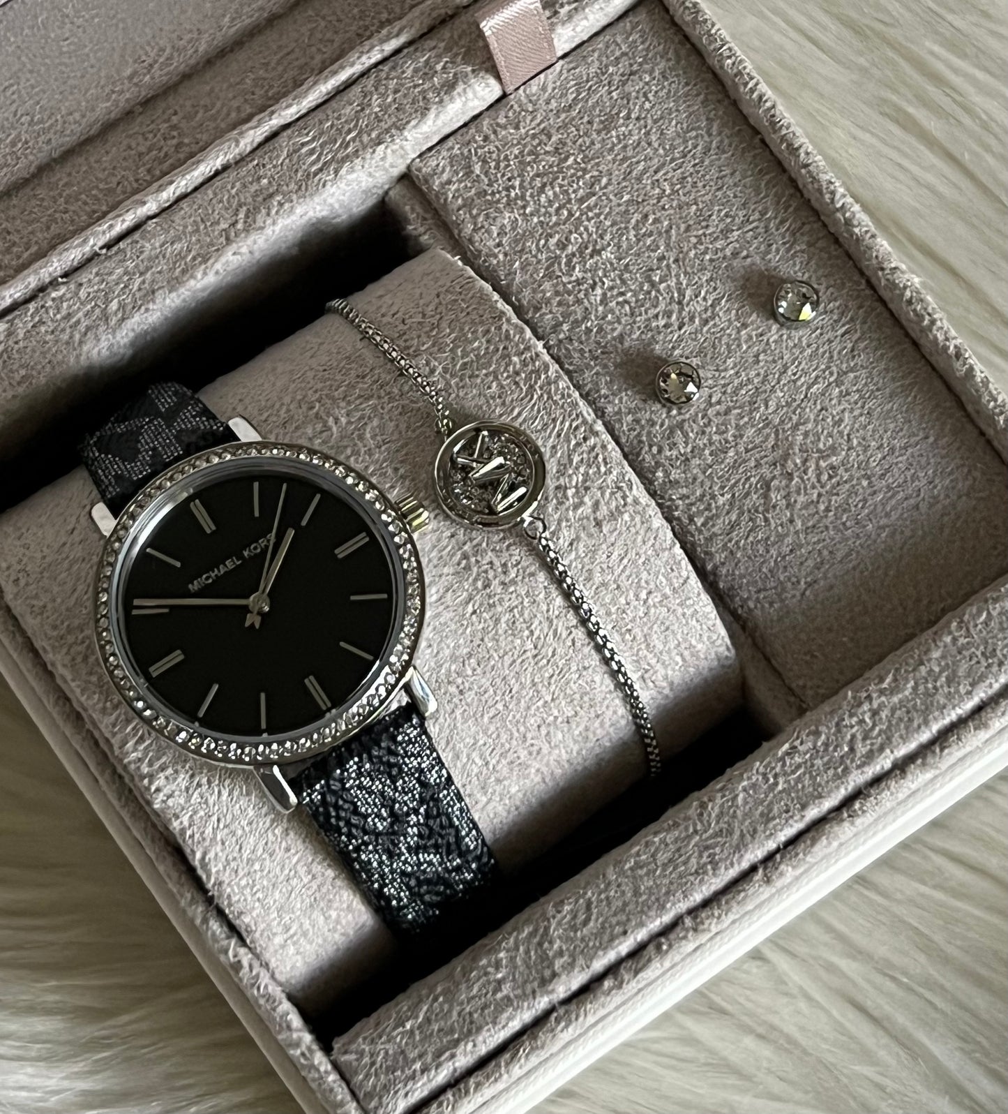 Michael Kors Three-Hand Black and Silver Metallic PVC Watch and Jewelry Set