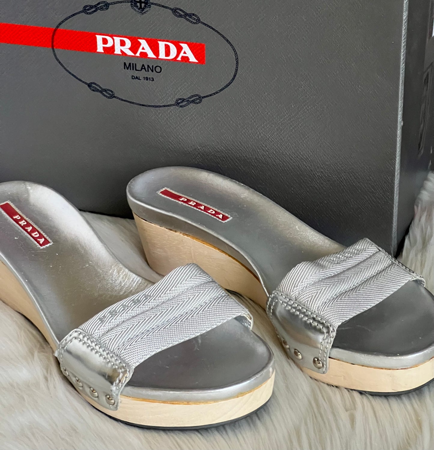 Prada Silver Wooden Mule Sandals