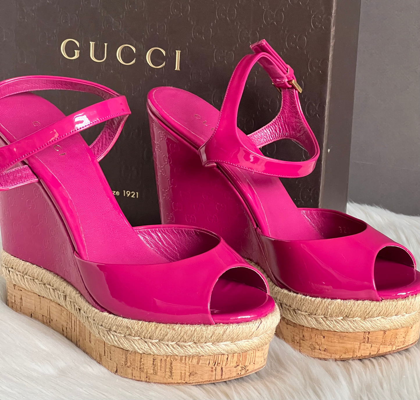 Gucci Vernice Crystal Platform Wedge Sandals