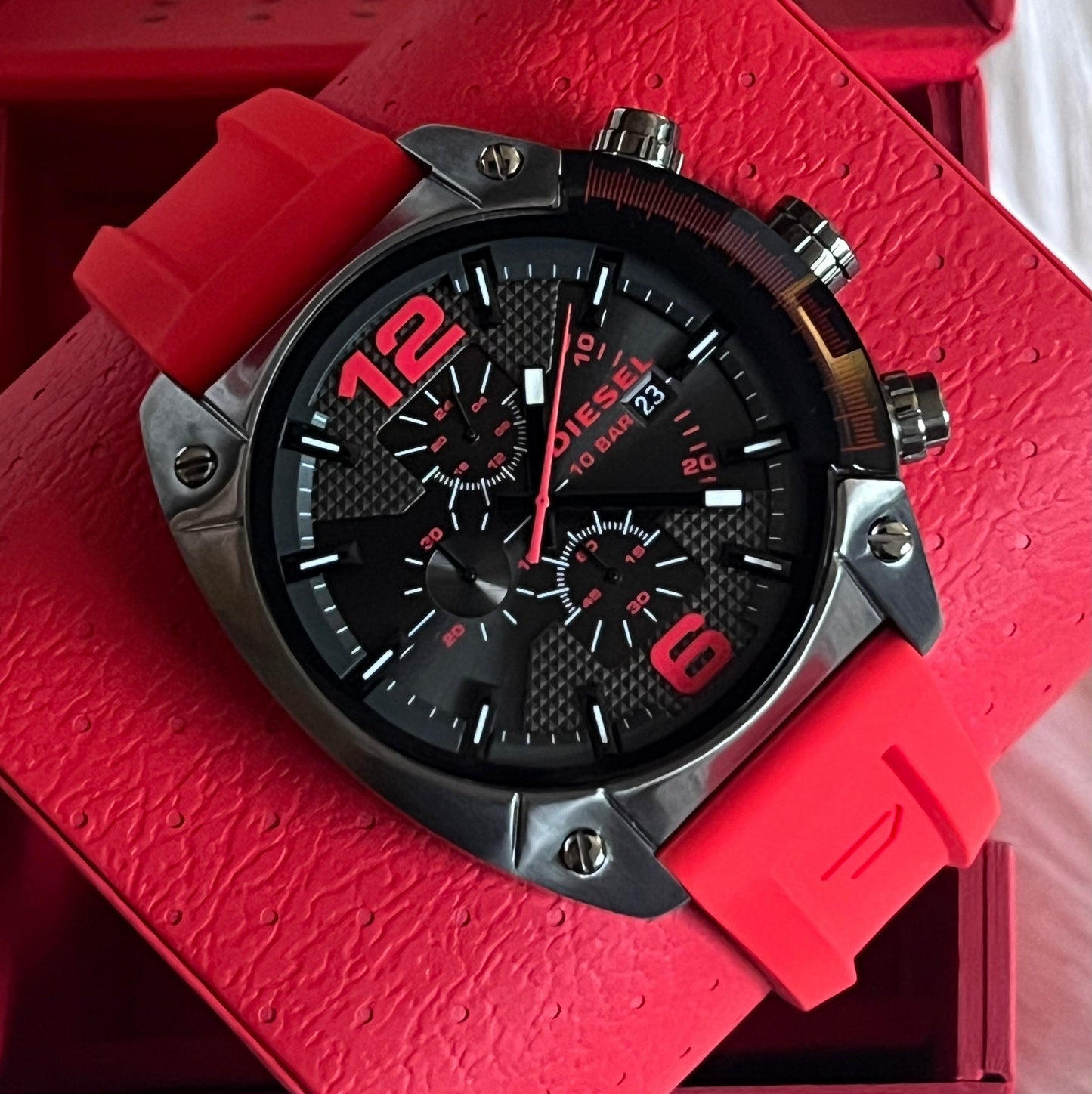 Diesel Men's Overflow Chronograph Gunmetal and Red Silicone Watch