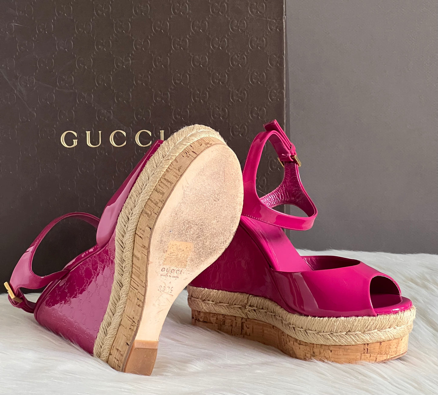Gucci Vernice Crystal Platform Wedge Sandals