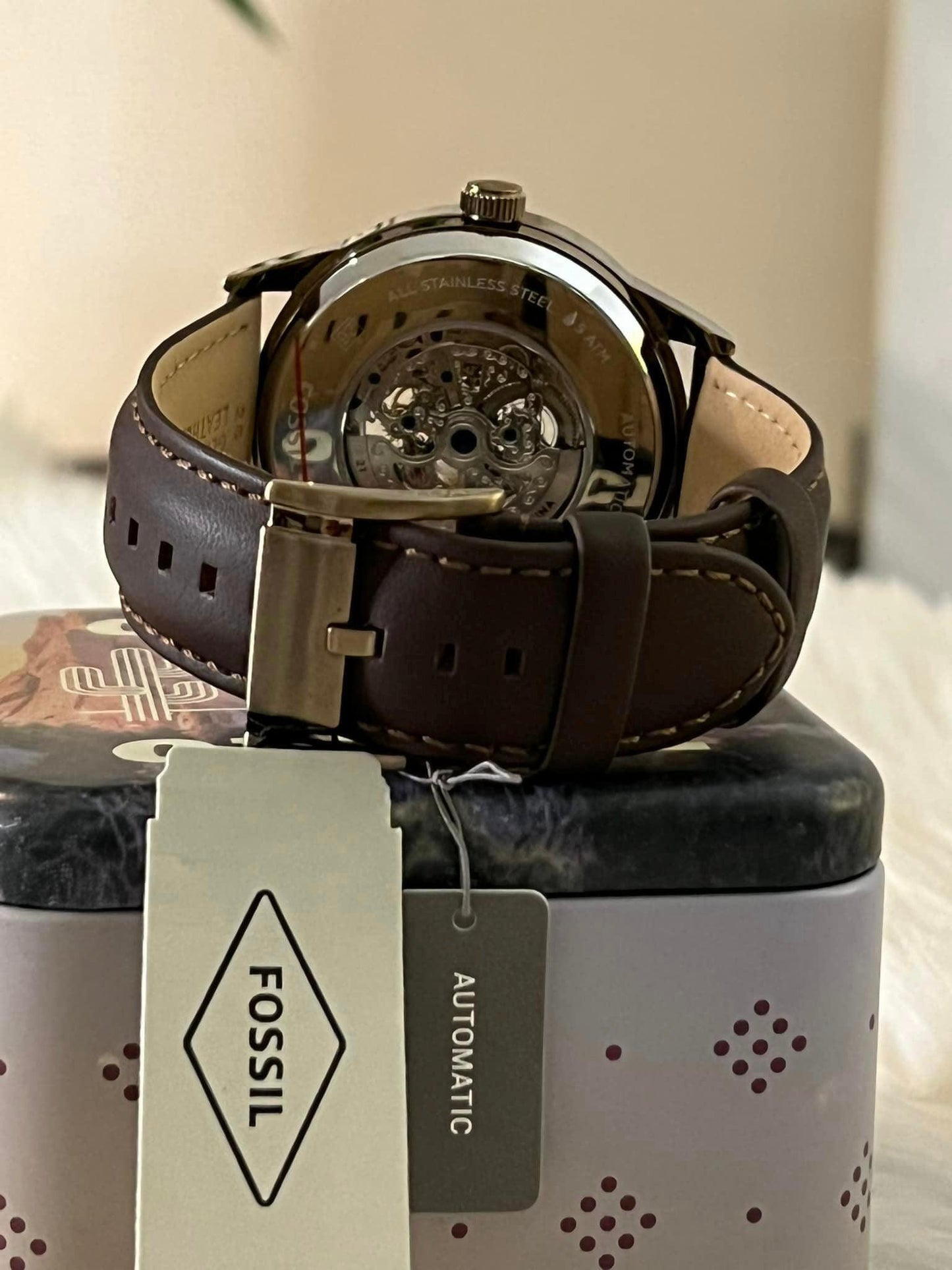 Fossil Men’s Automatic Skeleton Gold-Tone Brown Leather Watch ko