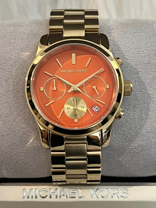 Michael Kors Women’s Runway Chronograph Gold-Tone Watch with Orange Dial