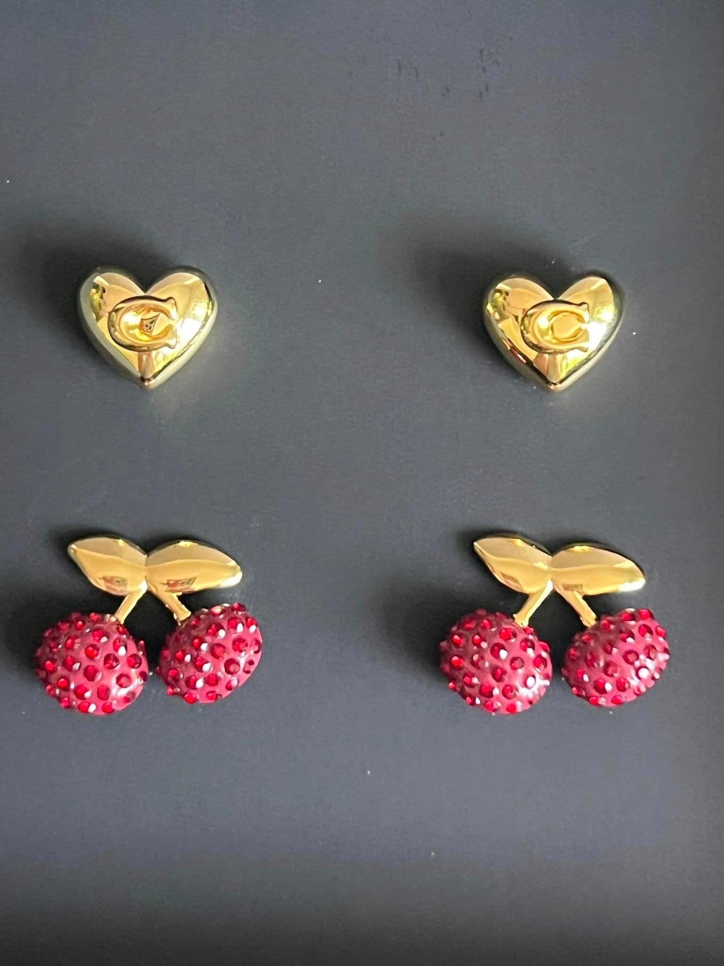 Coach Pave Cherry and Heart Stud Earrings Set
