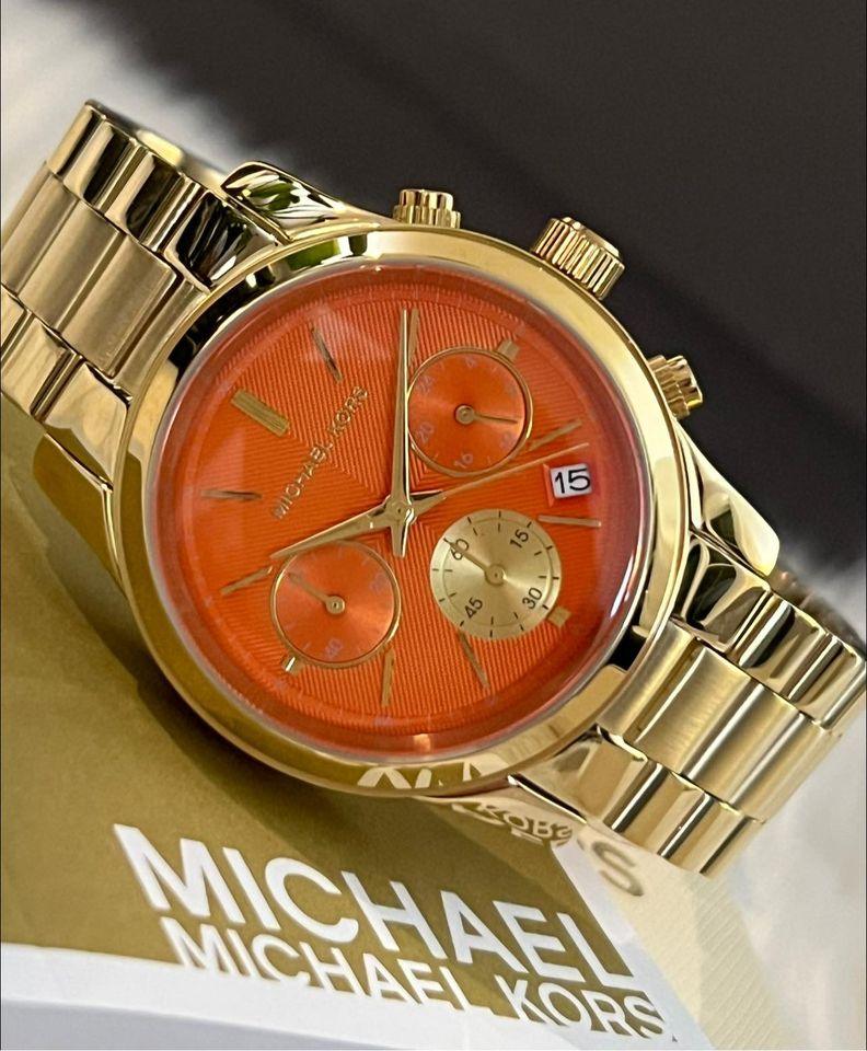Michael Kors Women’s Runway Chronograph Gold-Tone Watch with Orange Dial