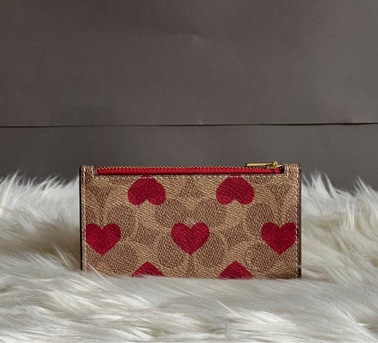 Coach Zip Card Case in Signature Canvas with Heart Print