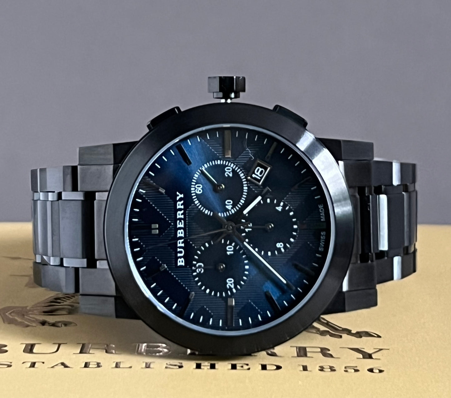 Burberry Men’s Large Check Gray Ion-Plated Stainless Steel Watch