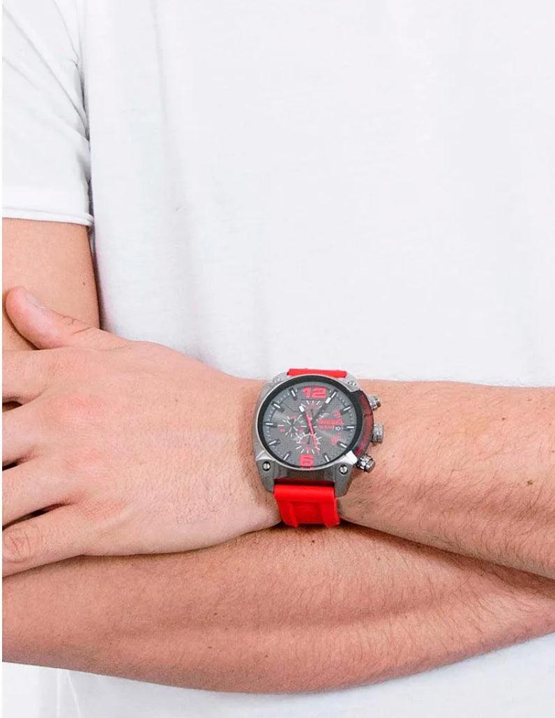 Diesel Men's Overflow Chronograph Gunmetal and Red Silicone Watch
