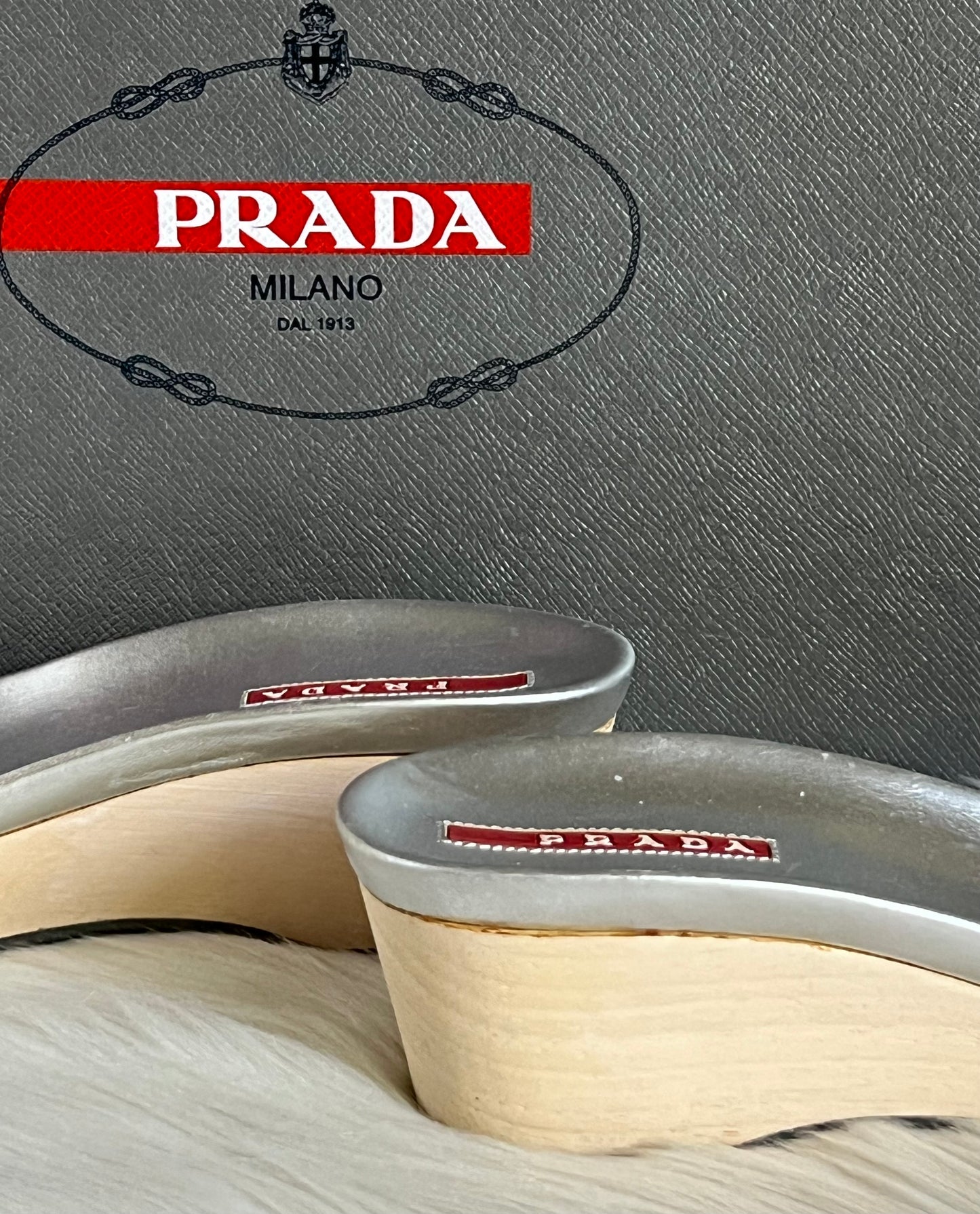 Prada Silver Wooden Mule Sandals