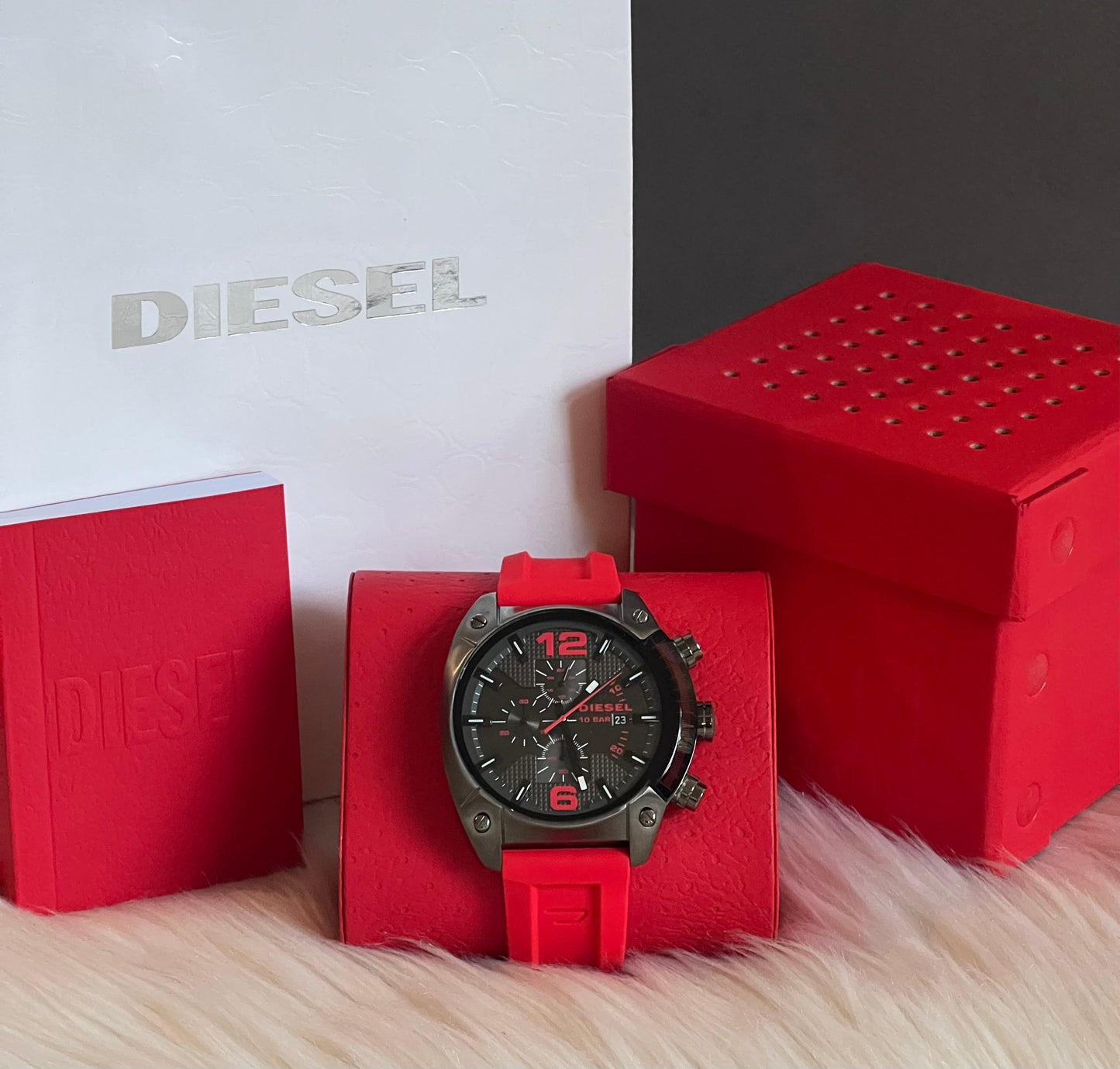 Diesel Men's Overflow Chronograph Gunmetal and Red Silicone Watch