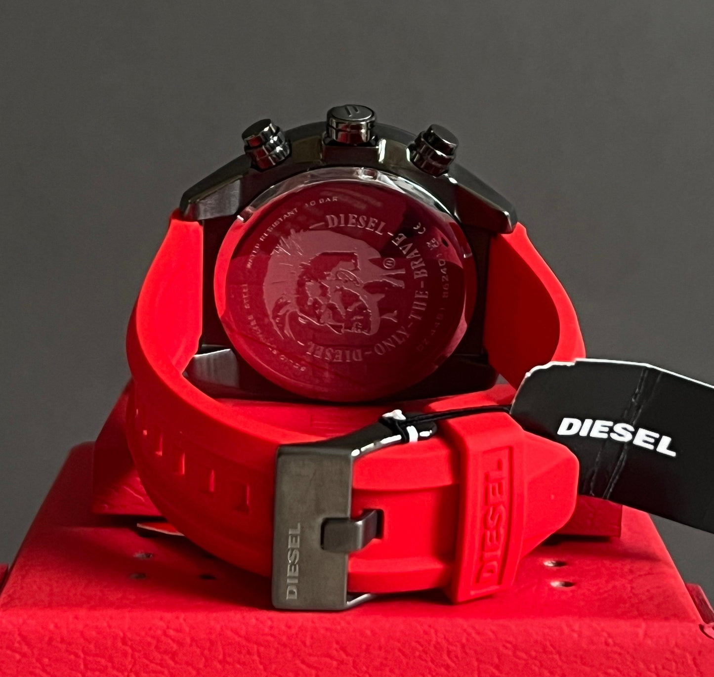 Diesel Men's Overflow Chronograph Gunmetal and Red Silicone Watch