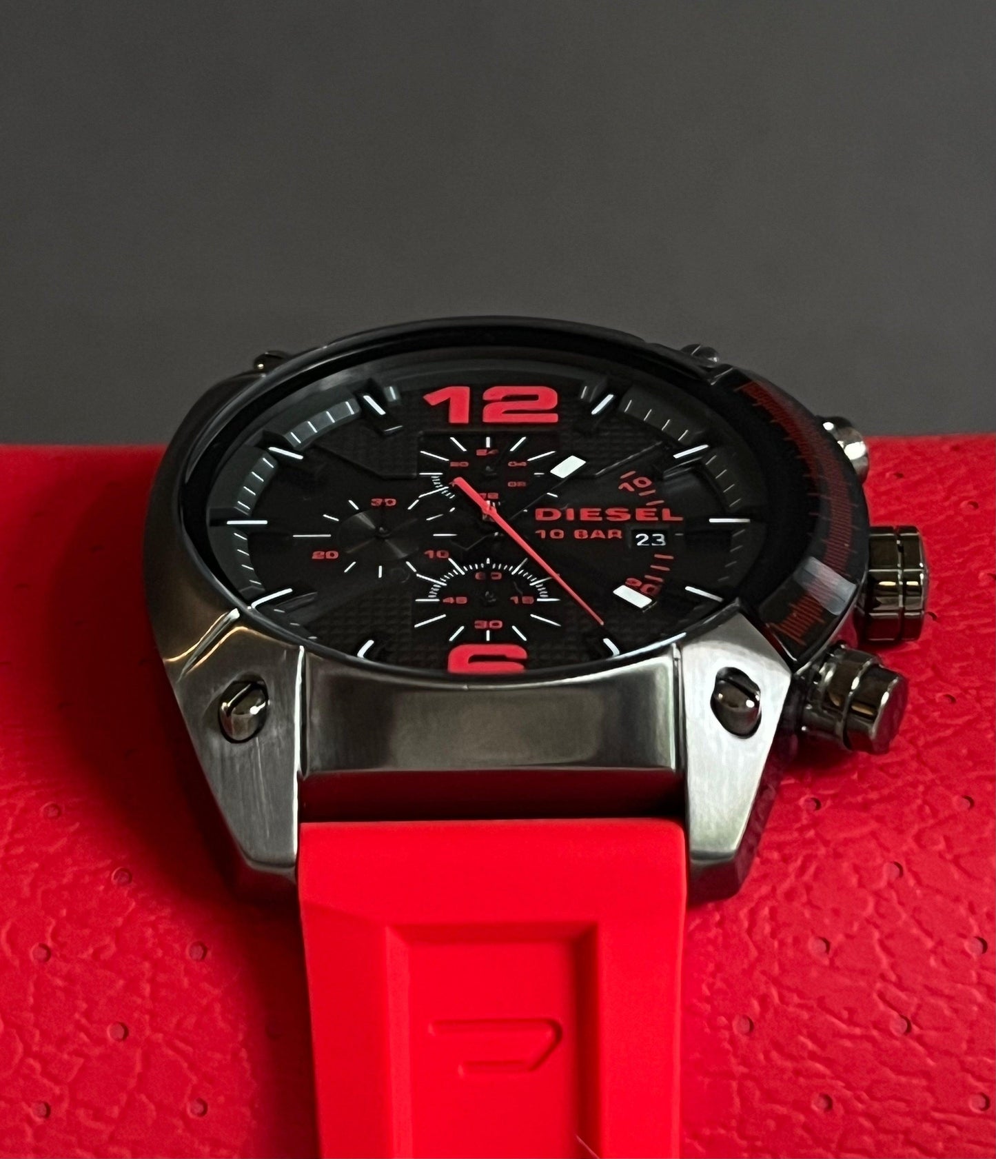Diesel Men's Overflow Chronograph Gunmetal and Red Silicone Watch