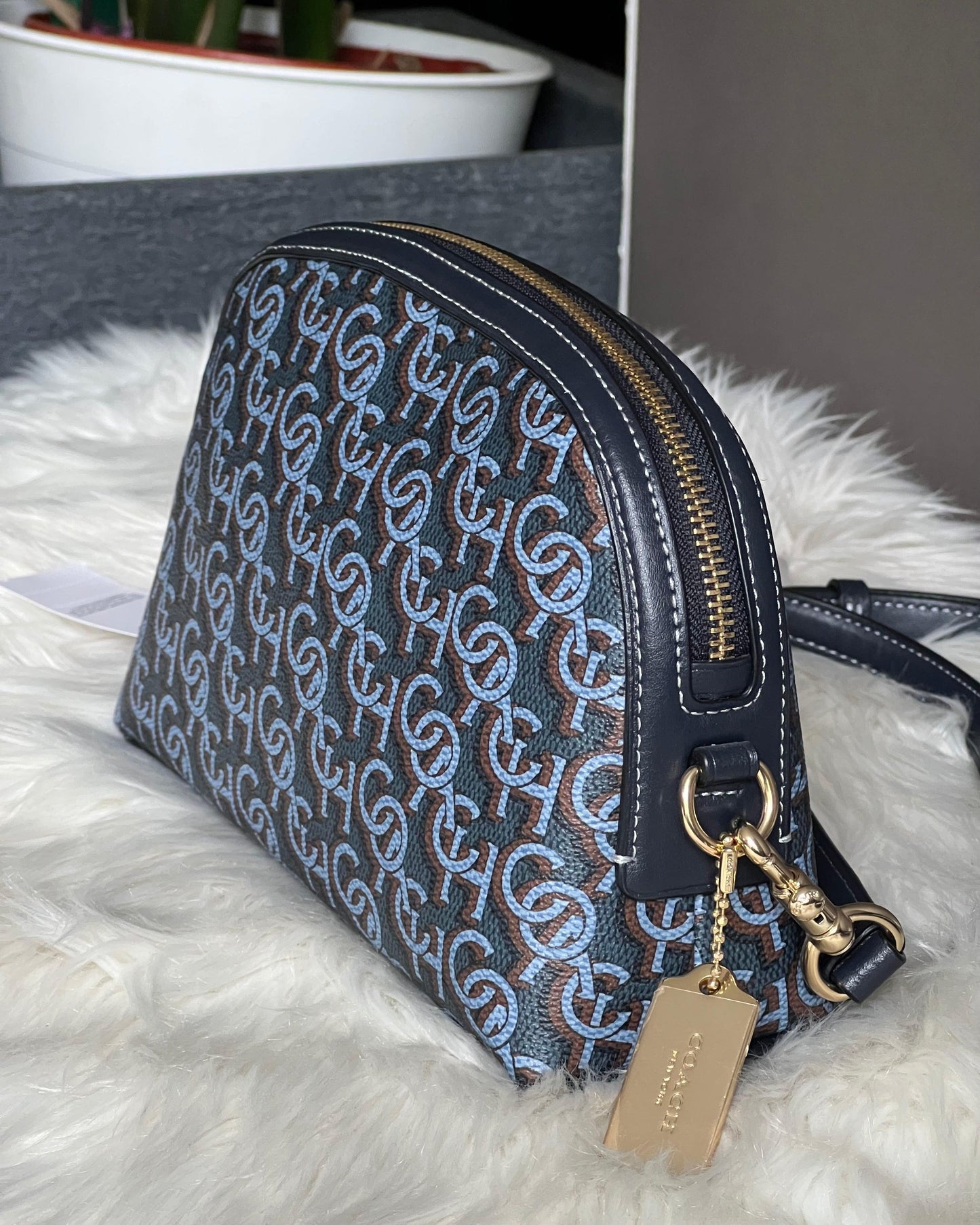 Coach Madi Crossbody with Navy Blue Canvas and Leather Monogram Print