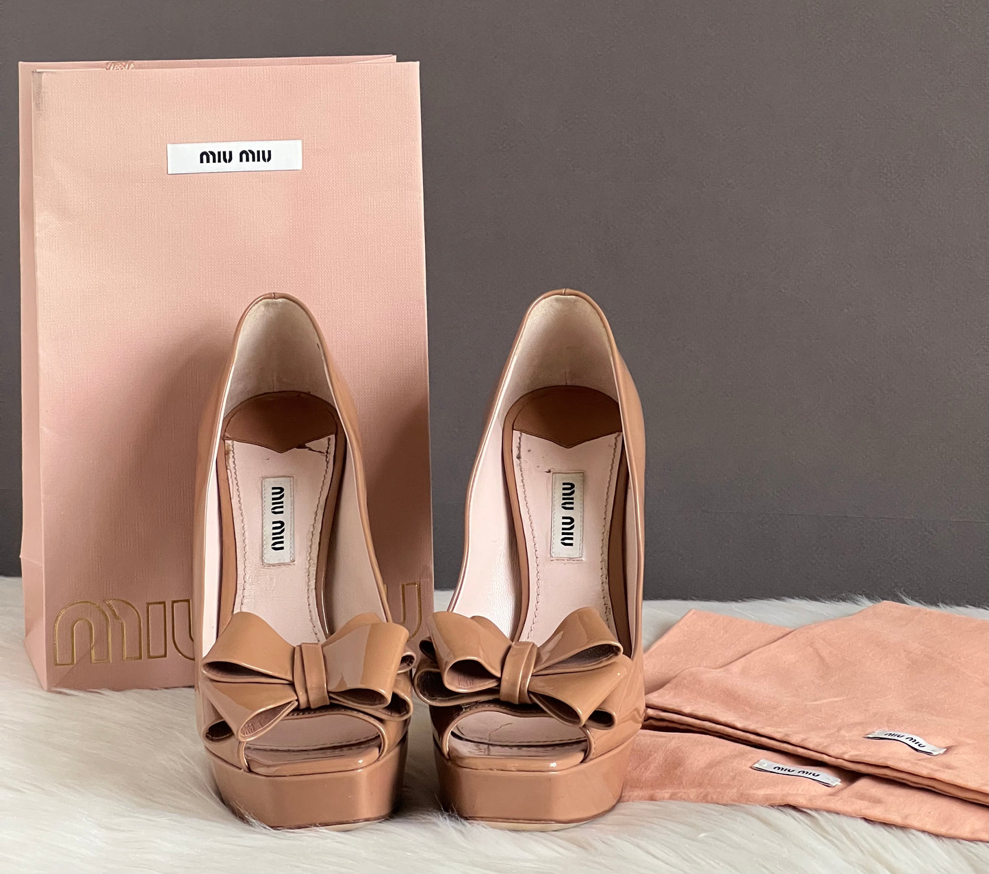 Miu Miu Bow Peep Toe Platform Pumps