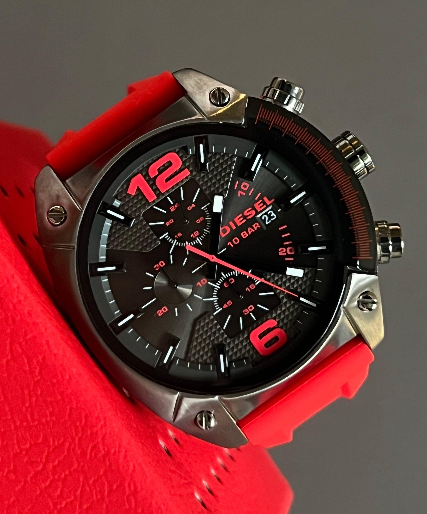 Diesel Men's Overflow Chronograph Gunmetal and Red Silicone Watch