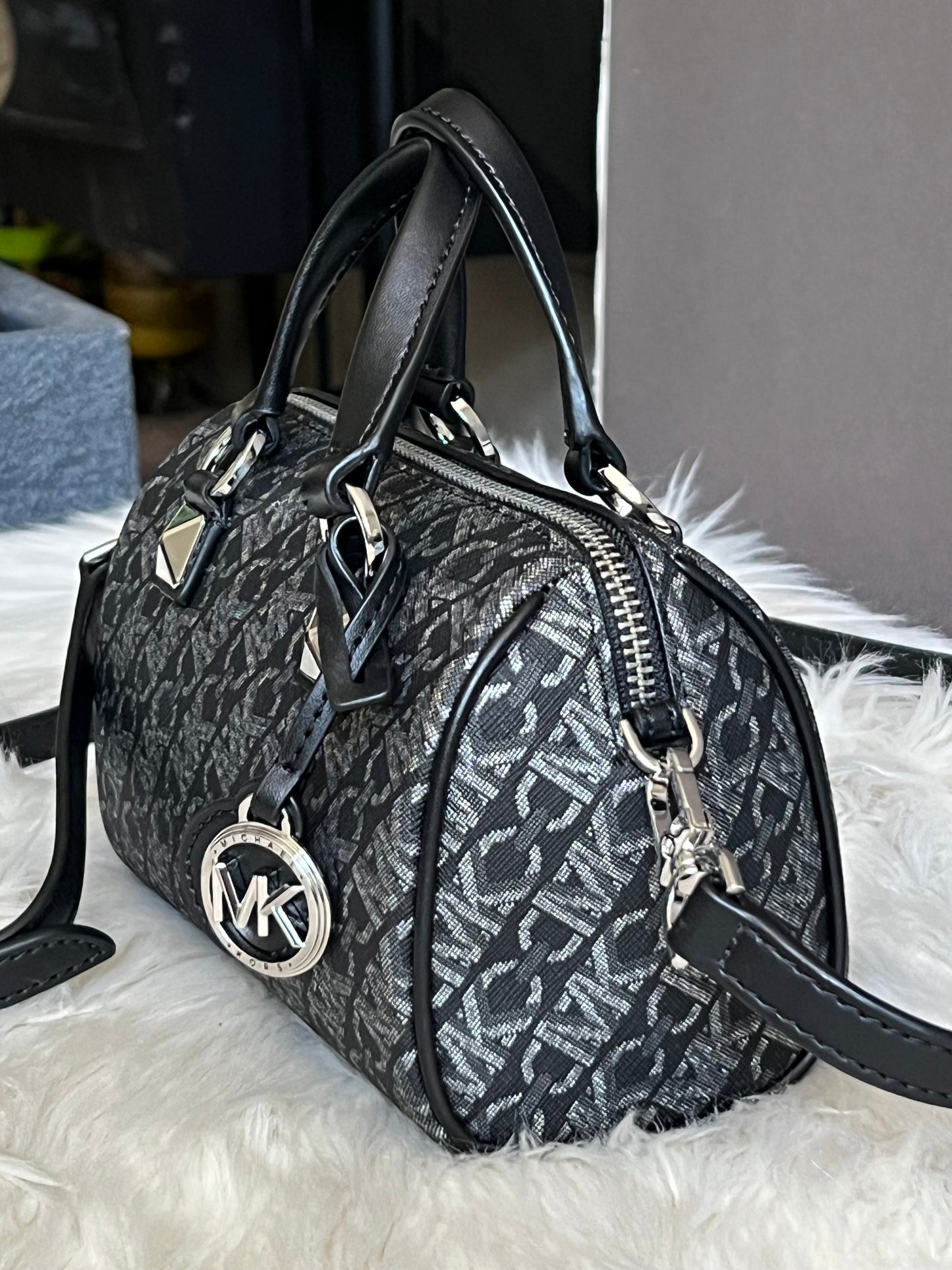 Michael Kors Grayson Small Metallic Empire Monogram Duffel Crossbody Bag