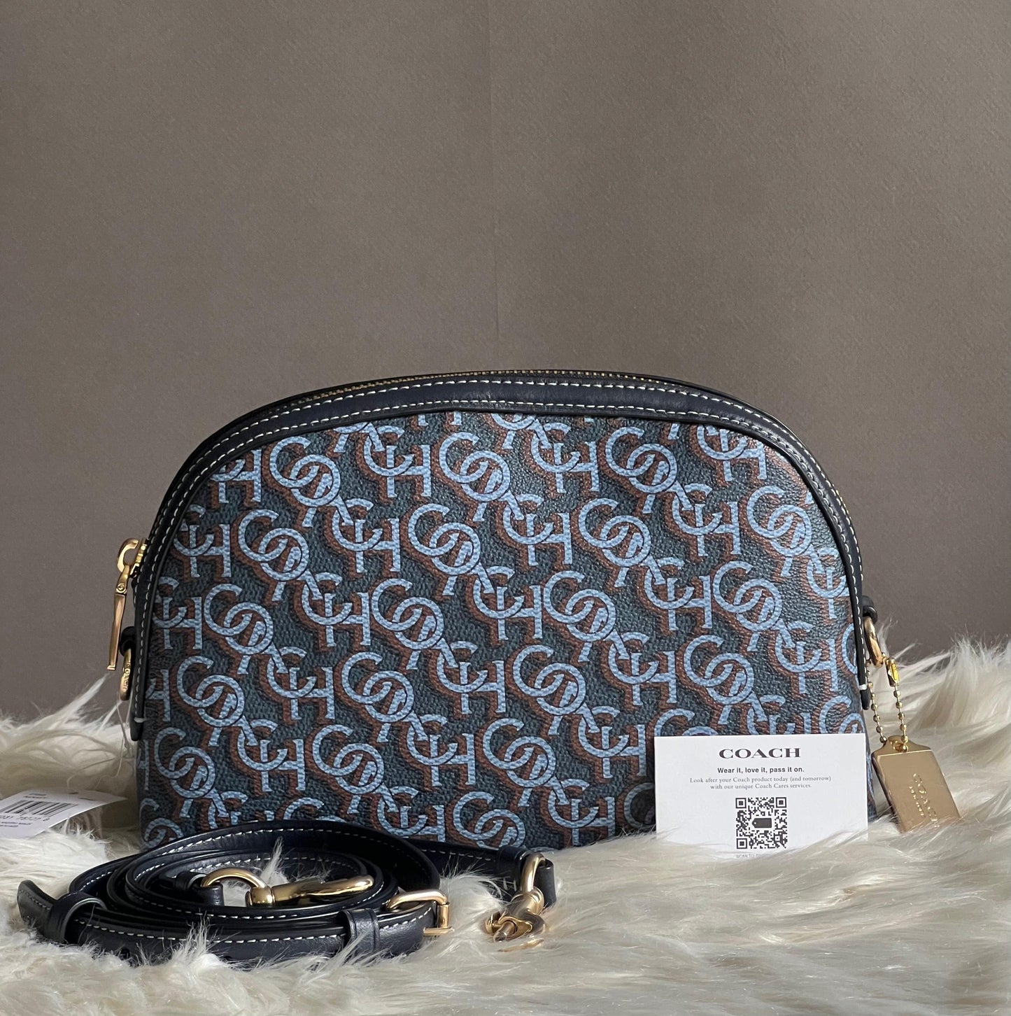 Coach Madi Crossbody with Navy Blue Canvas and Leather Monogram Print