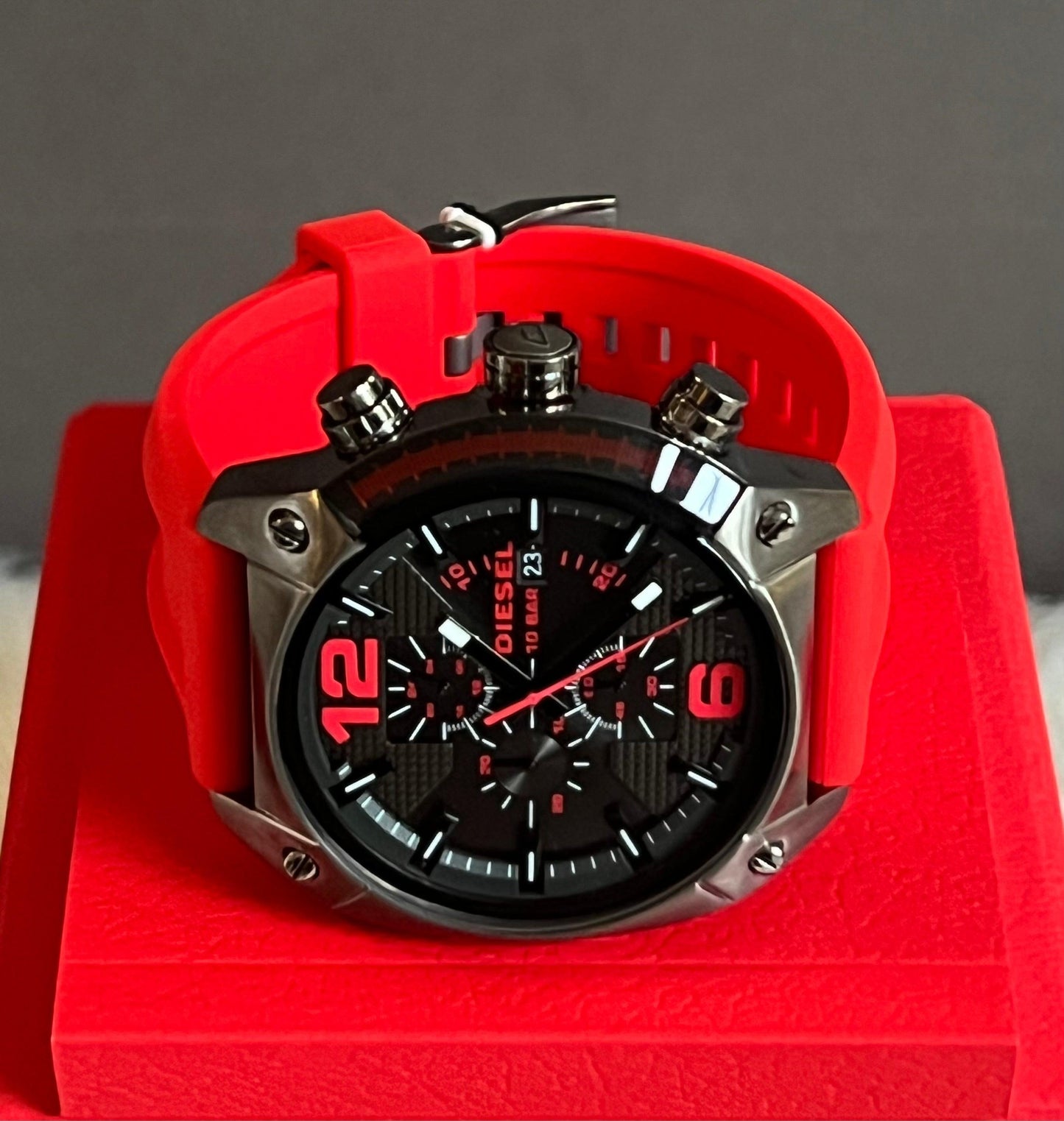Diesel Men's Overflow Chronograph Gunmetal and Red Silicone Watch