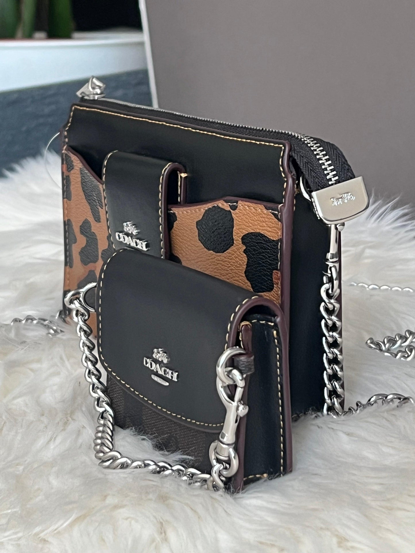 Coach Poppy Crossbody with Card Case with Leopard Print and Signature Canvas