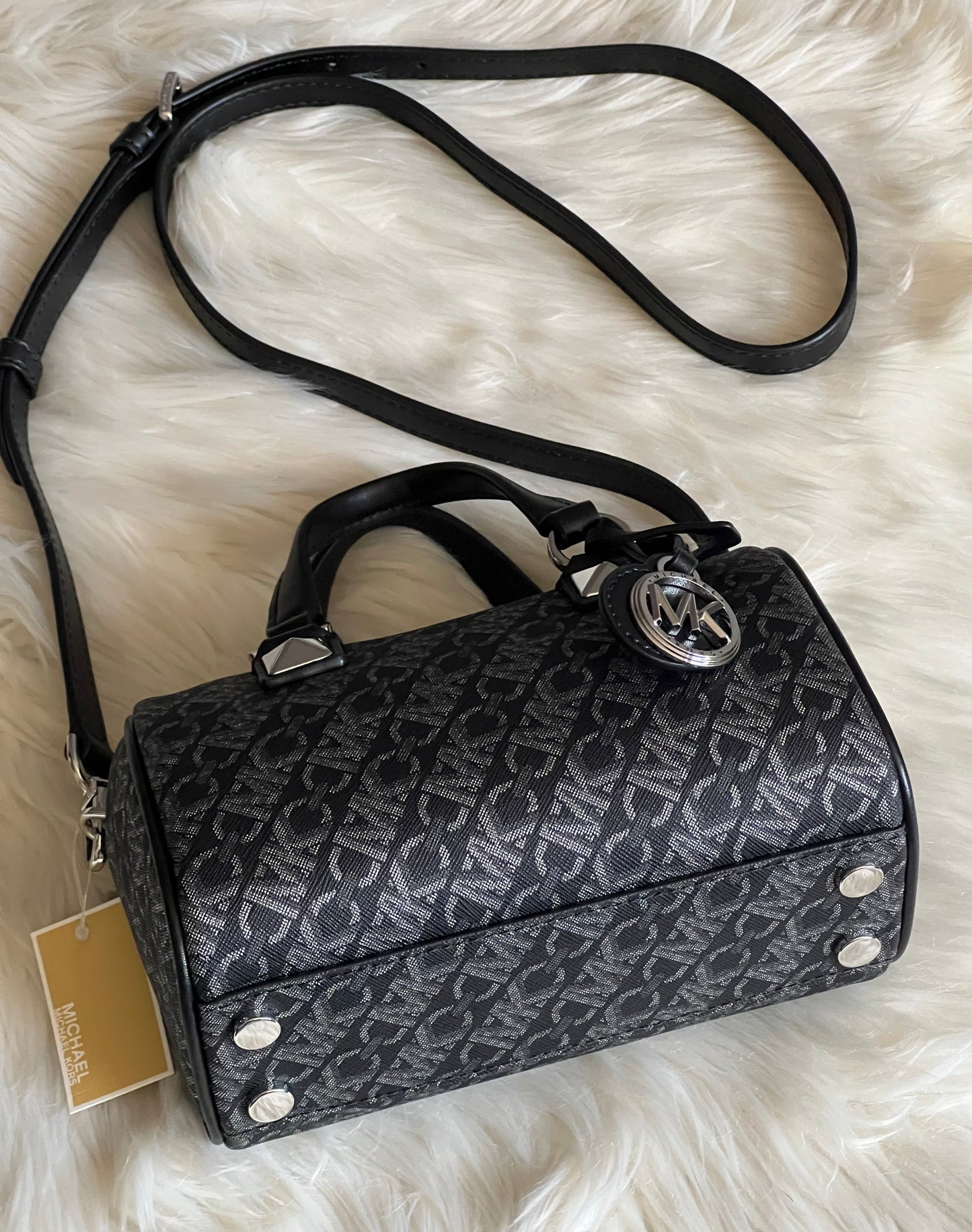 Michael Kors Grayson Small Metallic Empire Monogram Duffel Crossbody Bag