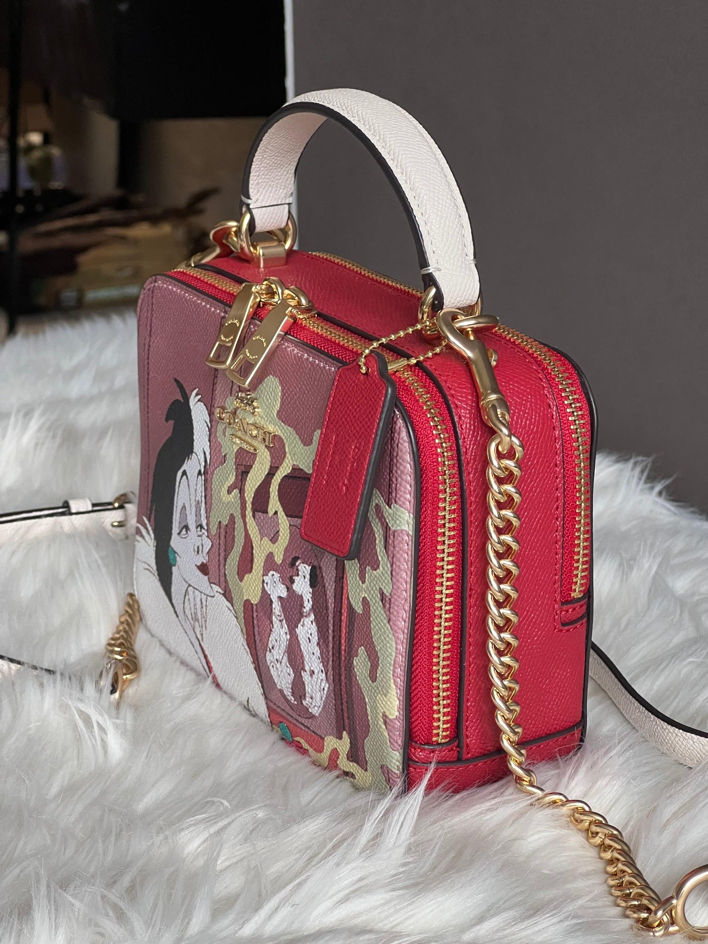 Disney X Coach Box Crossbody with Cruella Motif