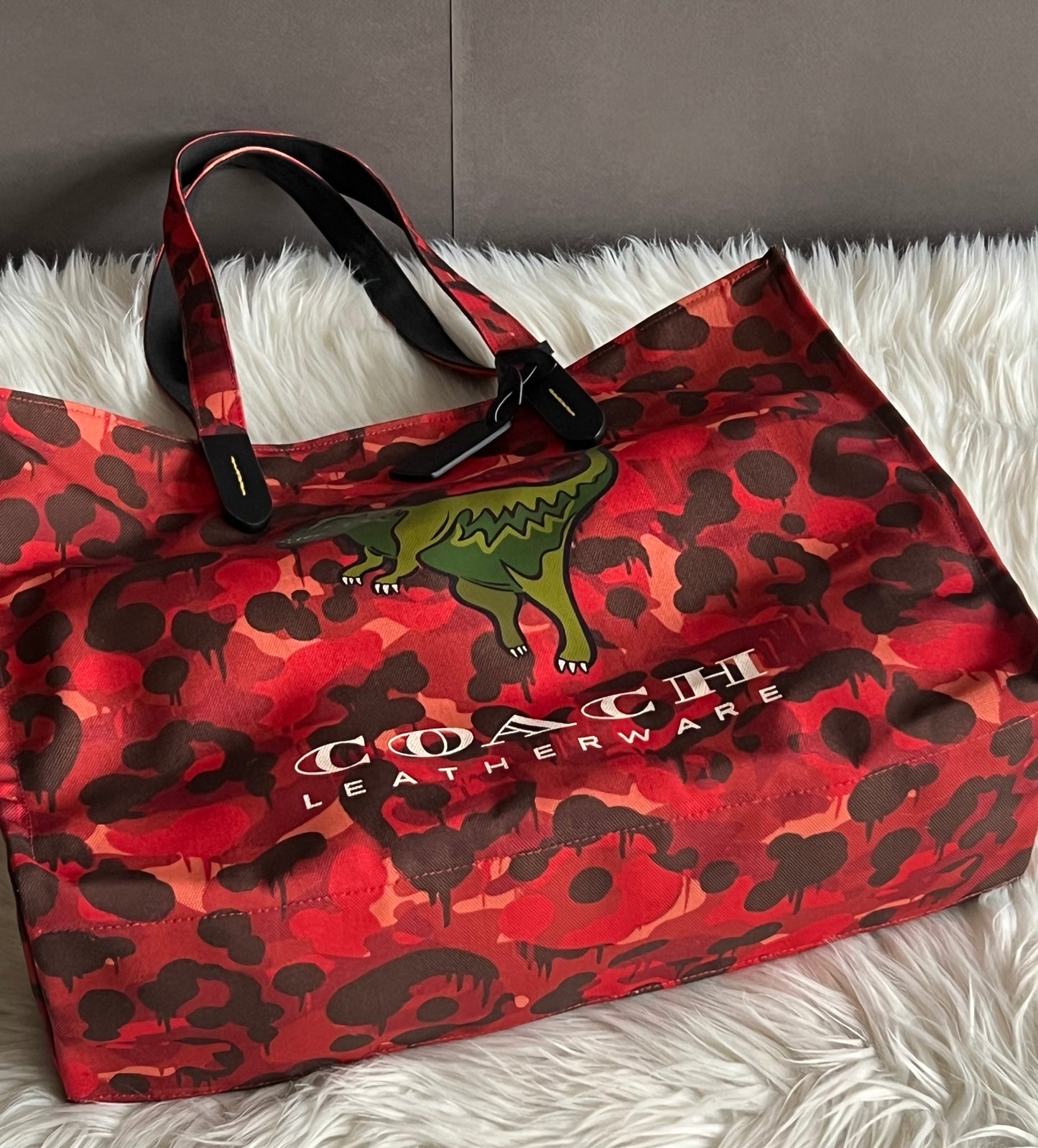 Coach 100% Recycled Canvas Tote 42 with Camo Print and Rexy