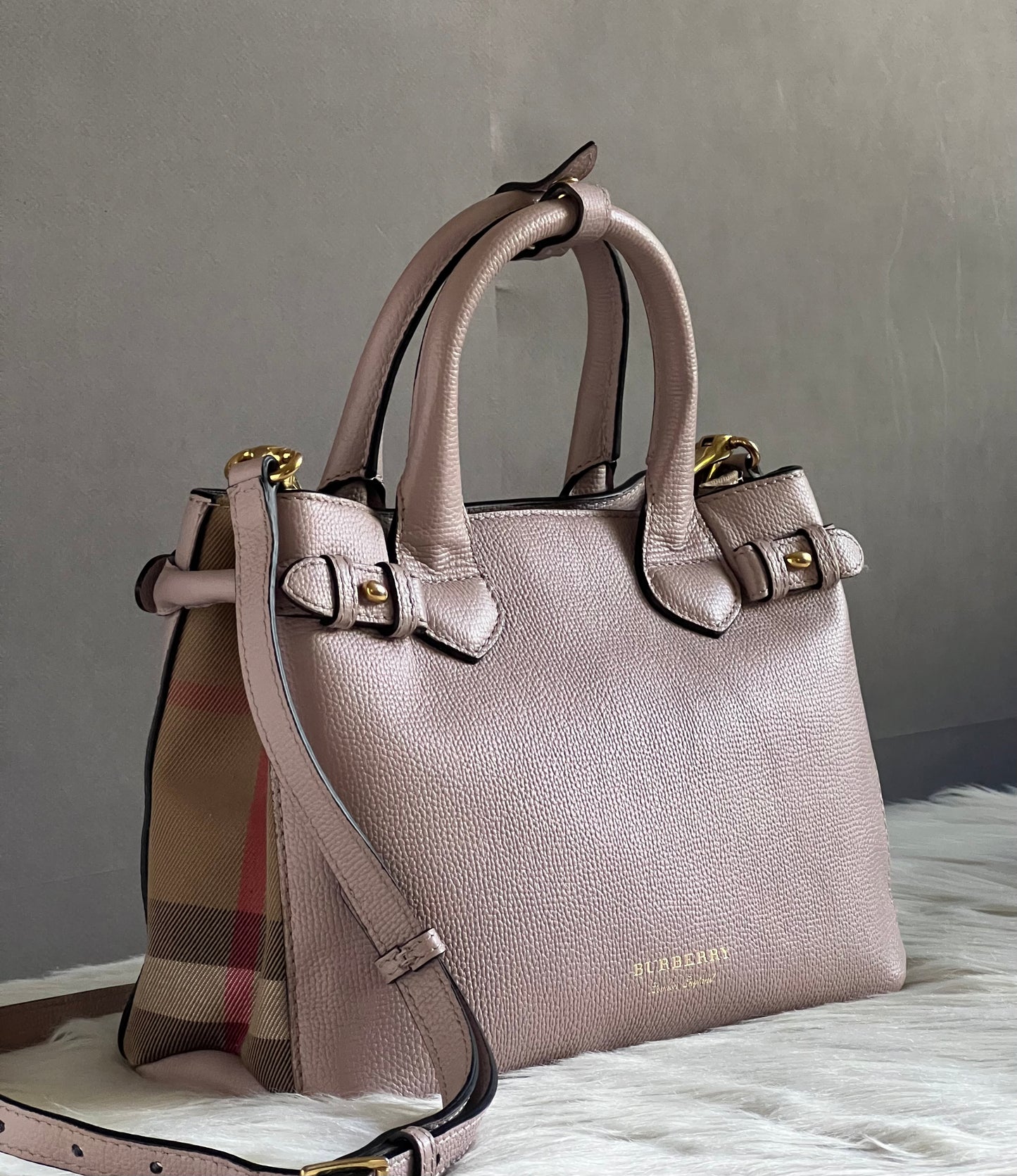 Burberry Derby Leather House Check Small Banner Tote Bag
