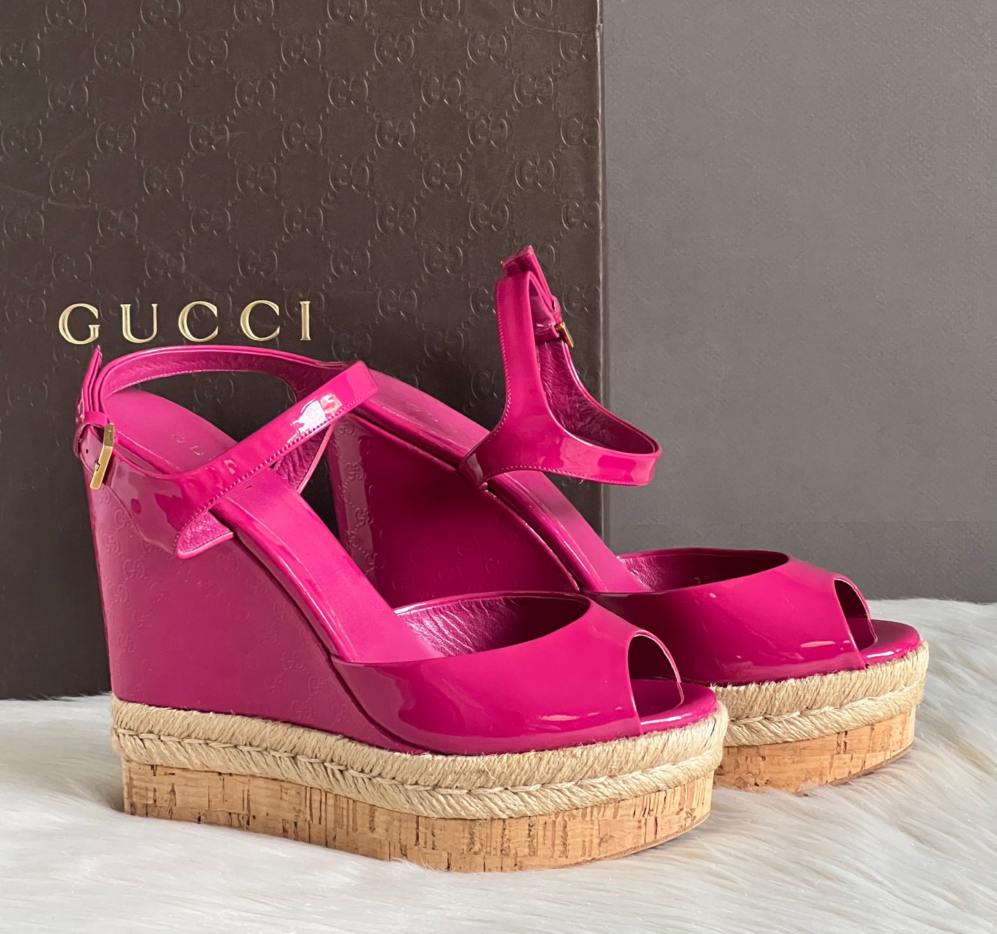 Gucci Vernice Crystal Platform Wedge Sandals