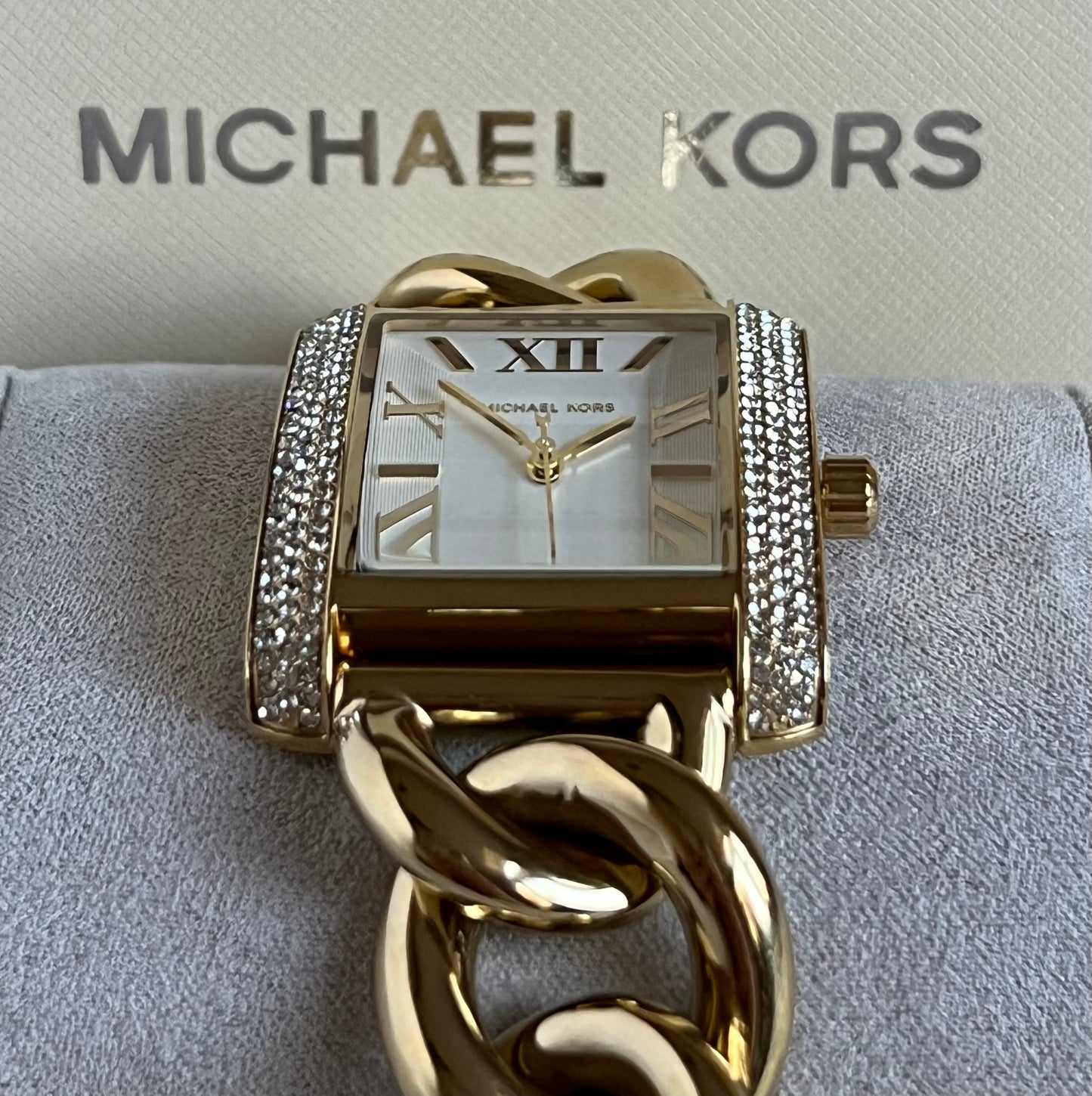 Michael Kors Women’s Oversized Emery Pavé Gold-Tone Curb Link Watch