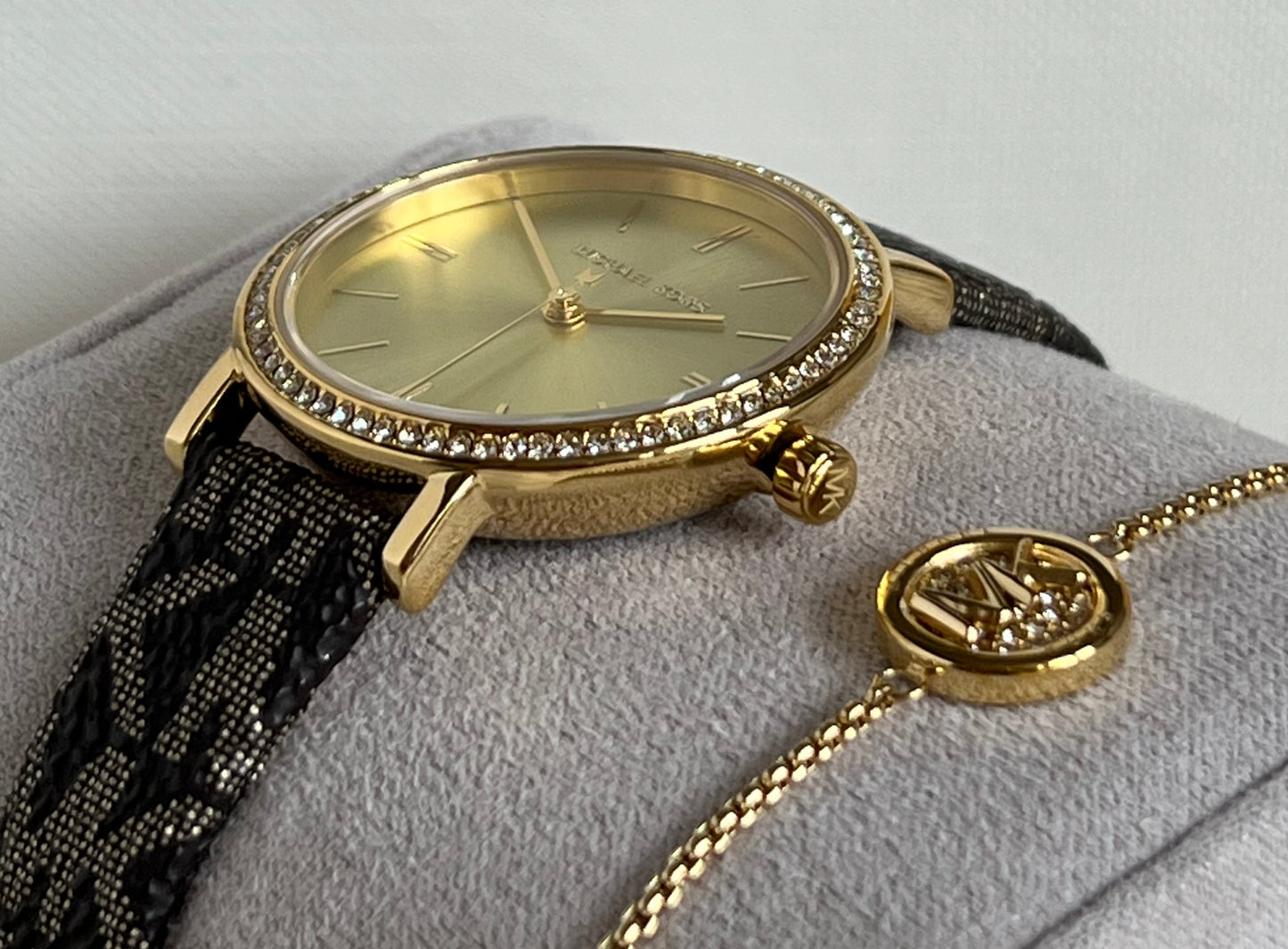 Michael Kors Women’s Addyson Quartz Crystal Gold Dial Ladies Watch and Jewelry Set