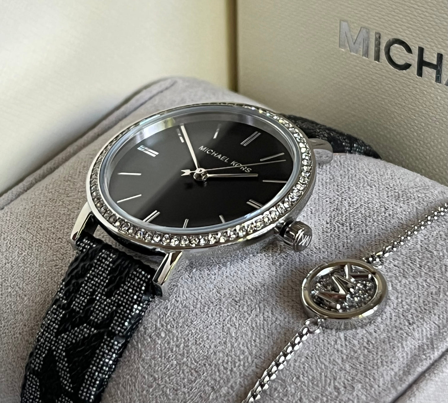 Michael Kors Three-Hand Black and Silver Metallic PVC Watch and Jewelry Set