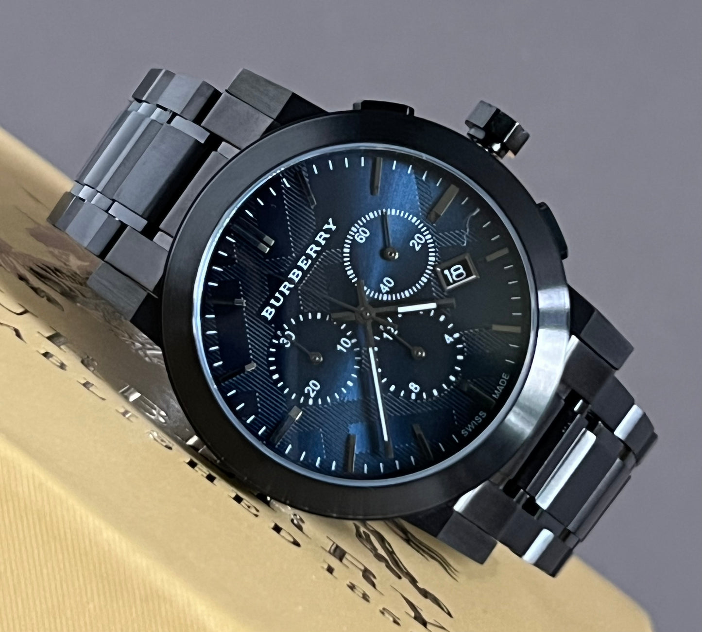 Burberry Men’s Large Check Gray Ion-Plated Stainless Steel Watch