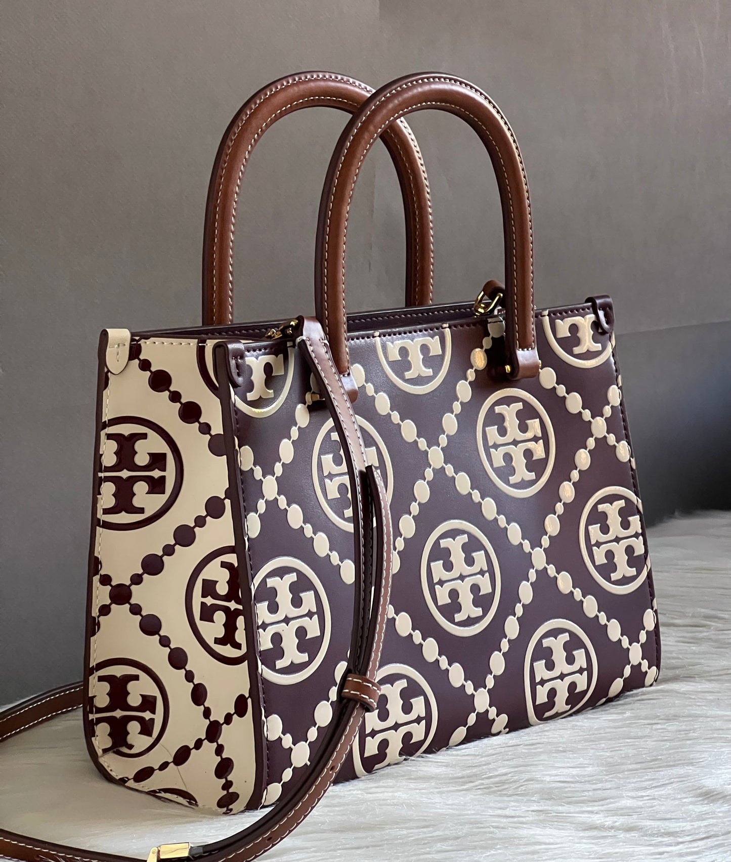 Tory Burch T Monogram Contrast Top-Handle Embossed Tote