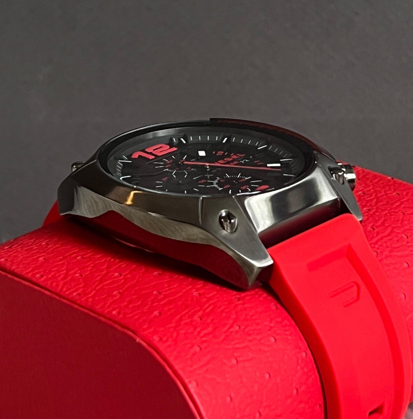 Diesel Men's Overflow Chronograph Gunmetal and Red Silicone Watch