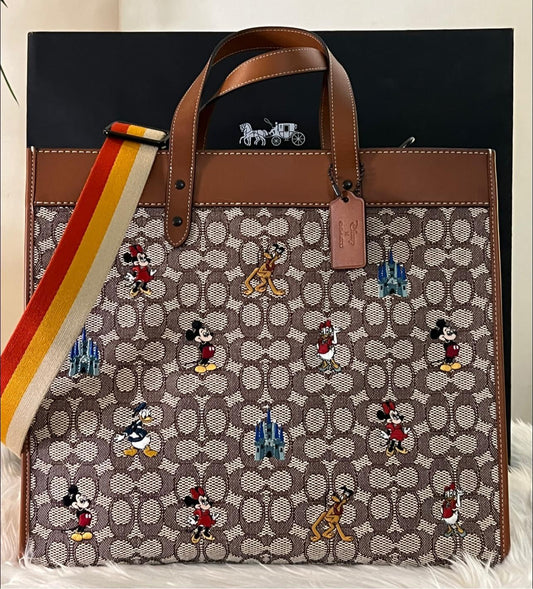 Coach X Disney Field Tote 40 in Signature Textile Jacquard with Mickey Mouse and Friends Embroidery