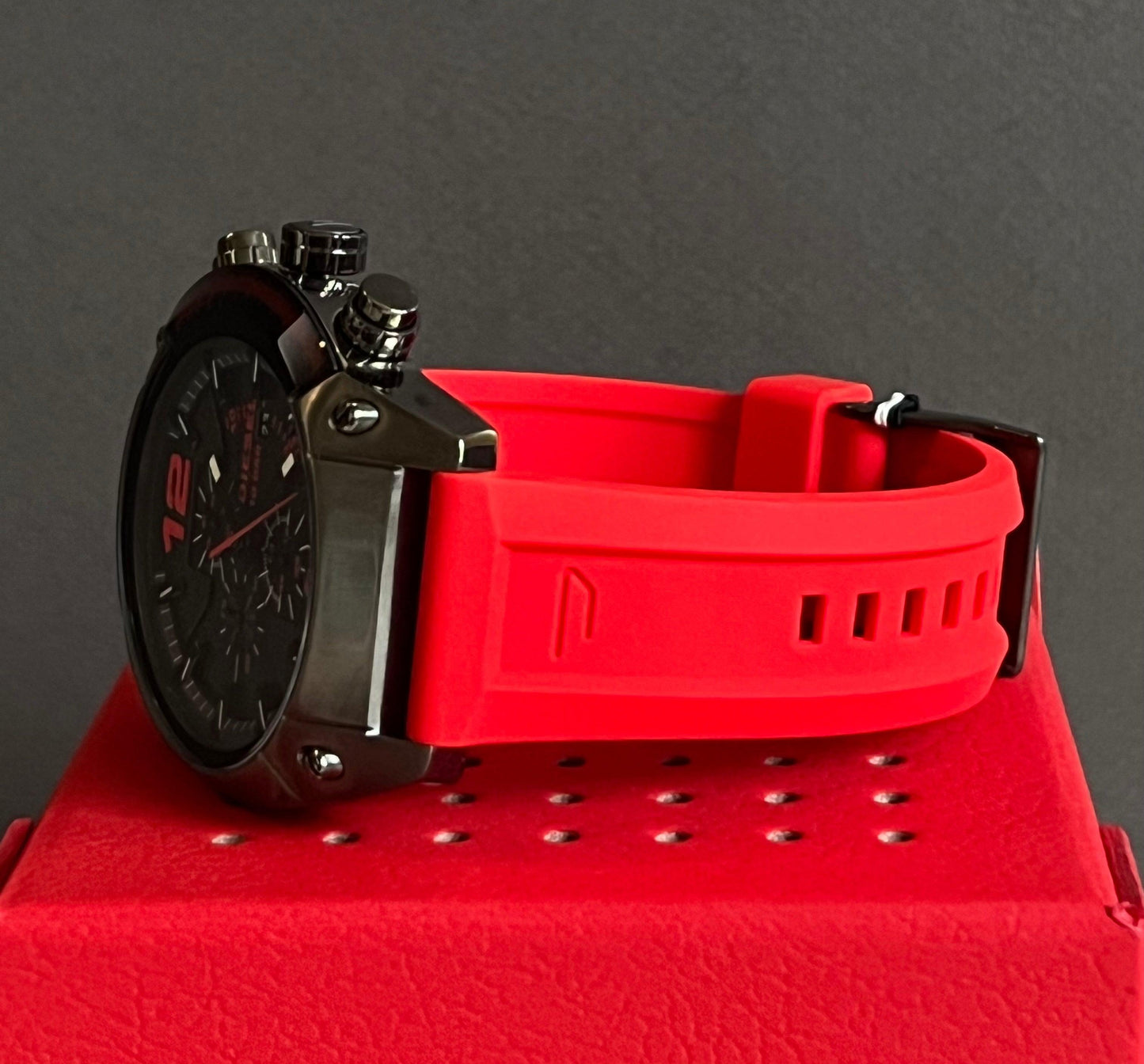 Diesel Men's Overflow Chronograph Gunmetal and Red Silicone Watch