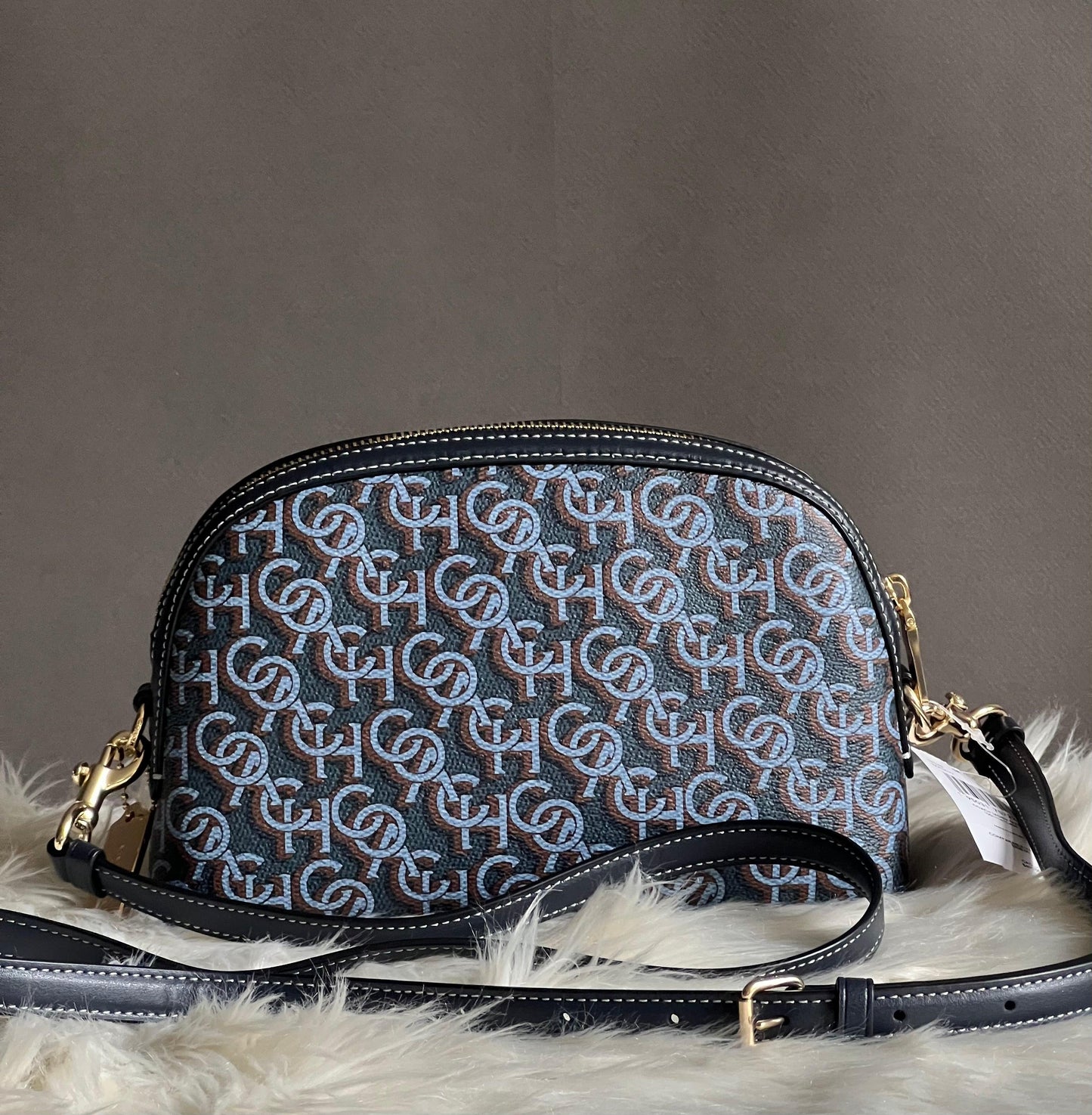 Coach Madi Crossbody with Navy Blue Canvas and Leather Monogram Print