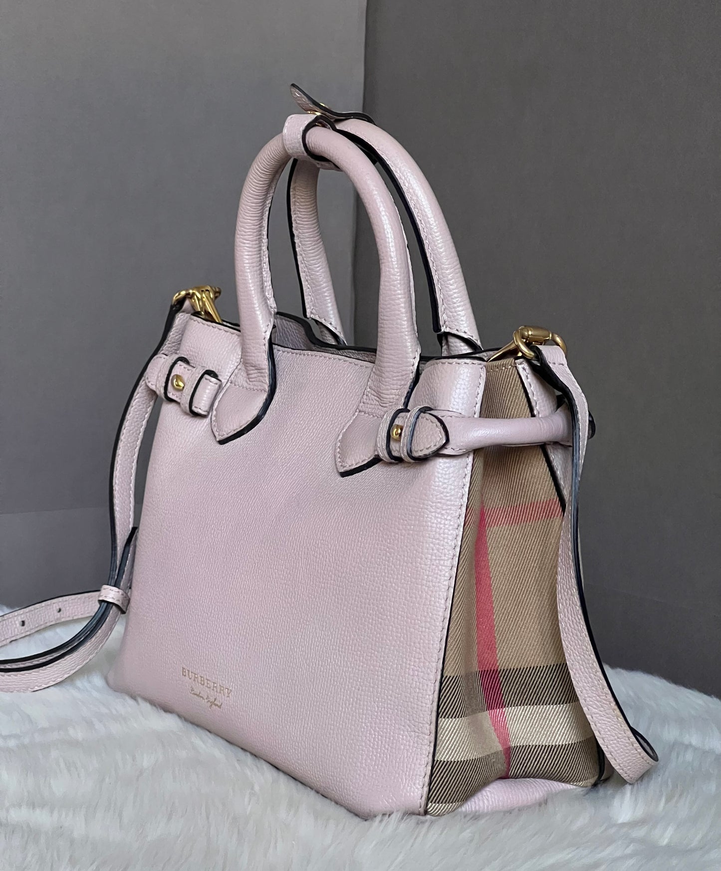 Burberry Derby Leather House Check Small Banner Tote Bag