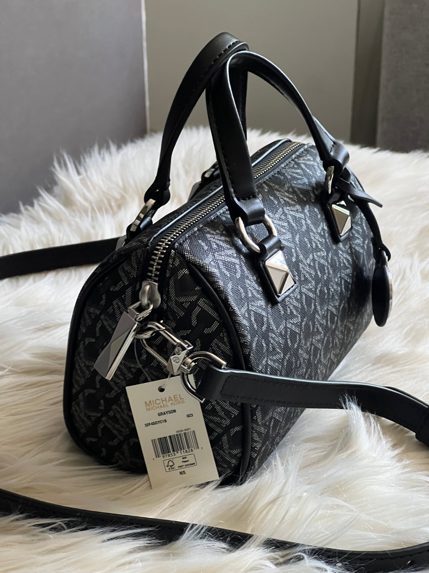 Michael Kors Grayson Small Metallic Empire Monogram Duffel Crossbody Bag