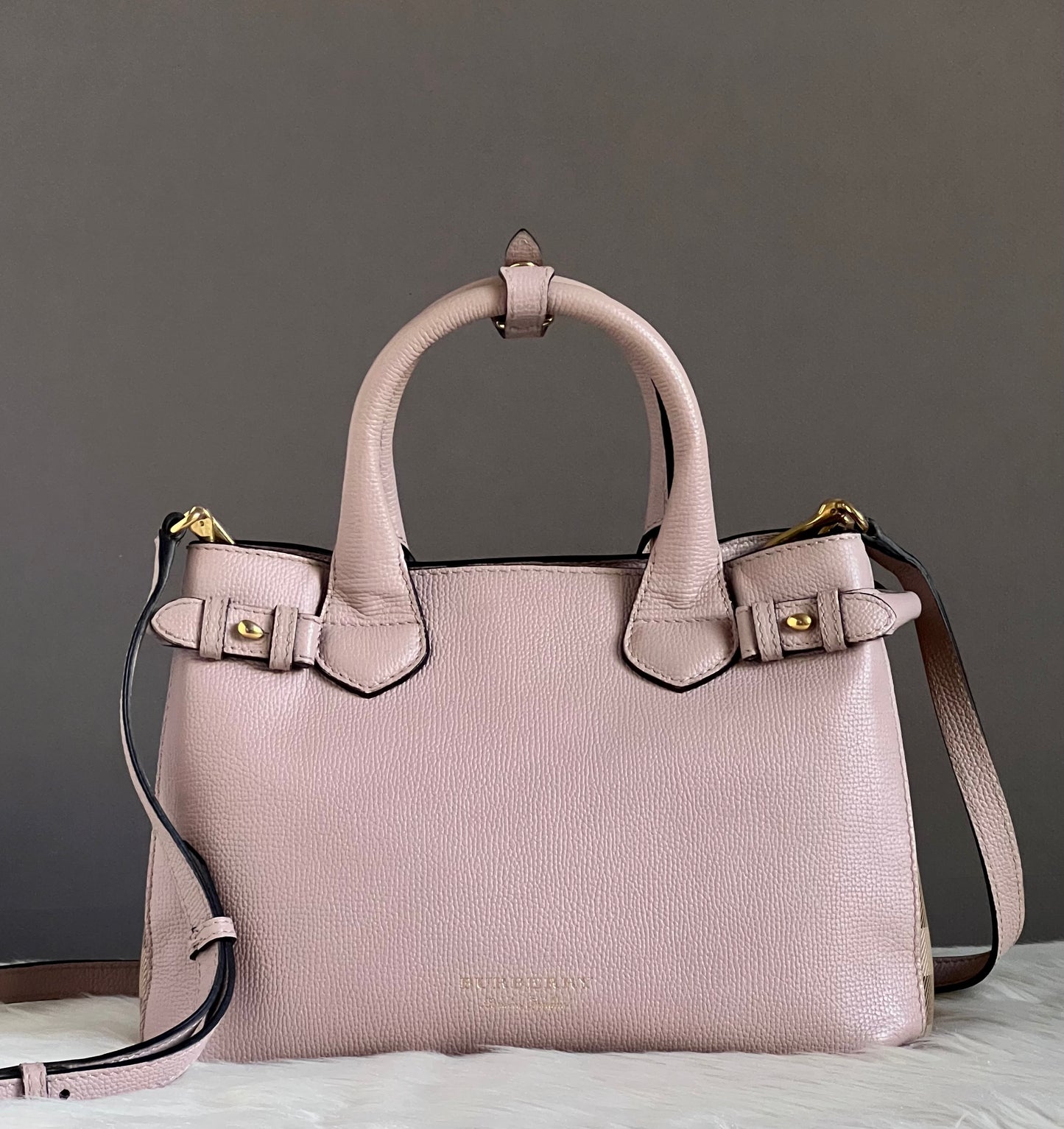 Burberry Derby Leather House Check Small Banner Tote Bag