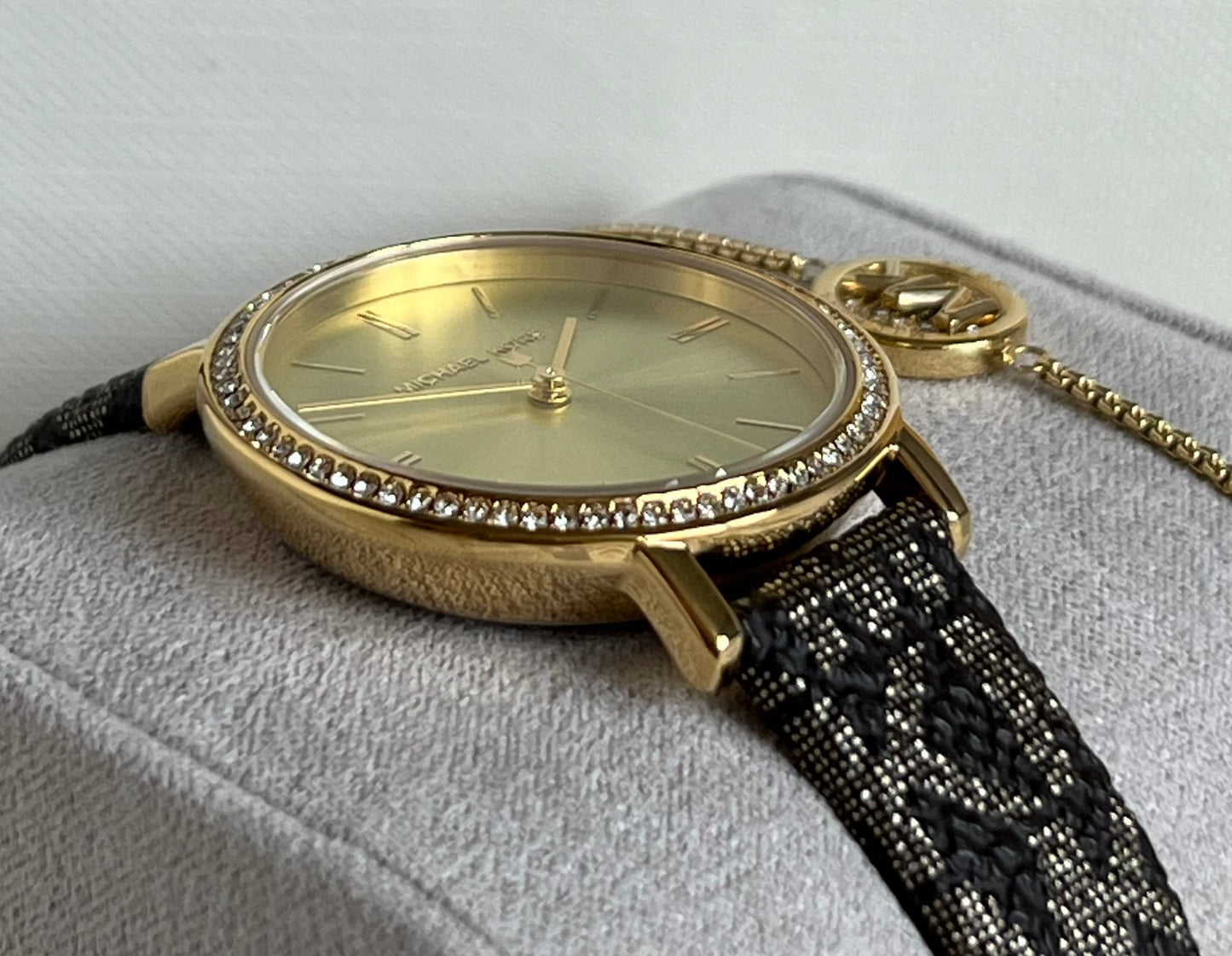 Michael Kors Women’s Addyson Quartz Crystal Gold Dial Ladies Watch and Jewelry Set
