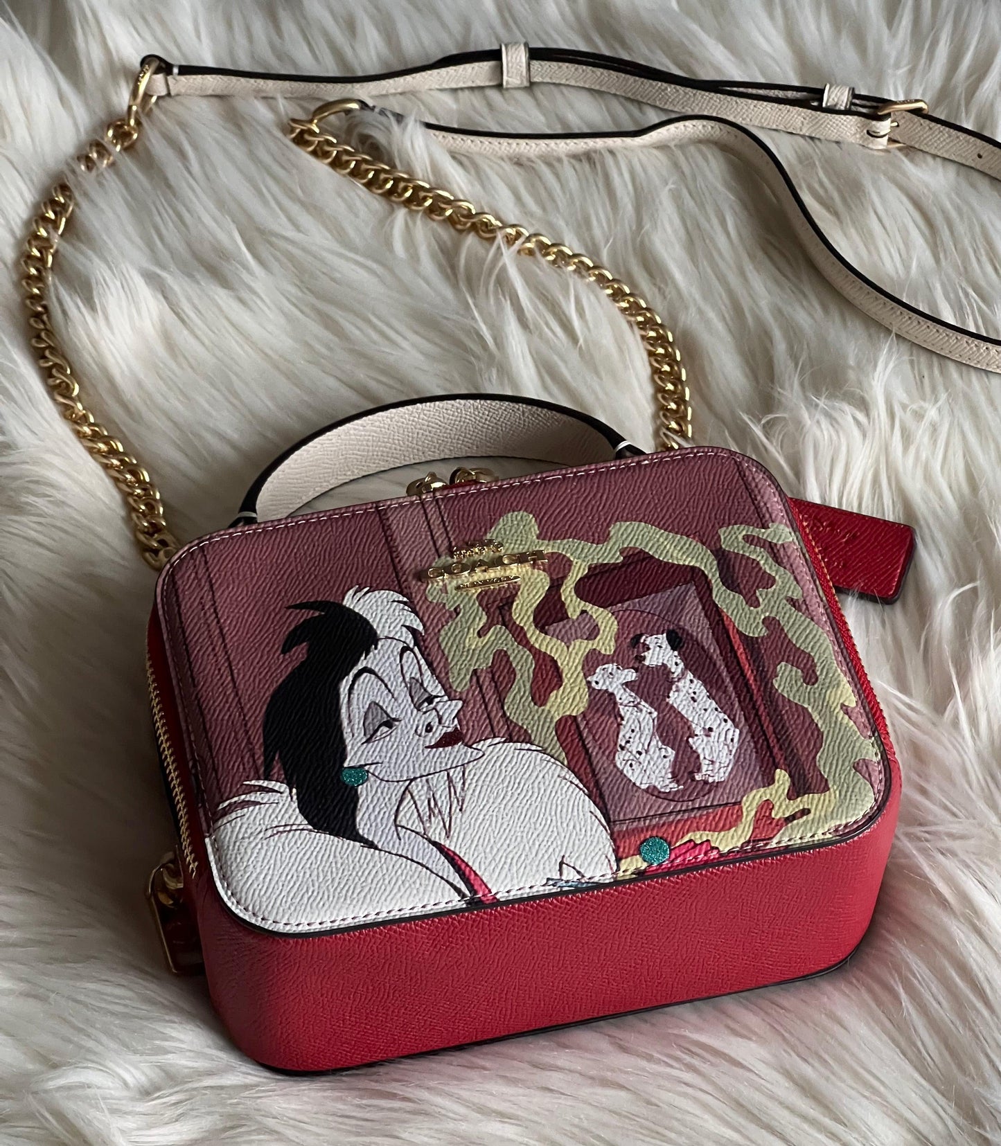 Disney X Coach Box Crossbody with Cruella Motif