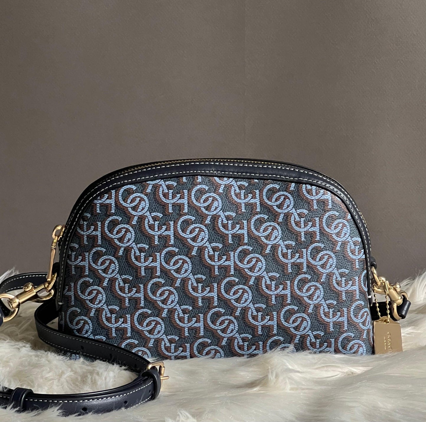 Coach Madi Crossbody with Navy Blue Canvas and Leather Monogram Print