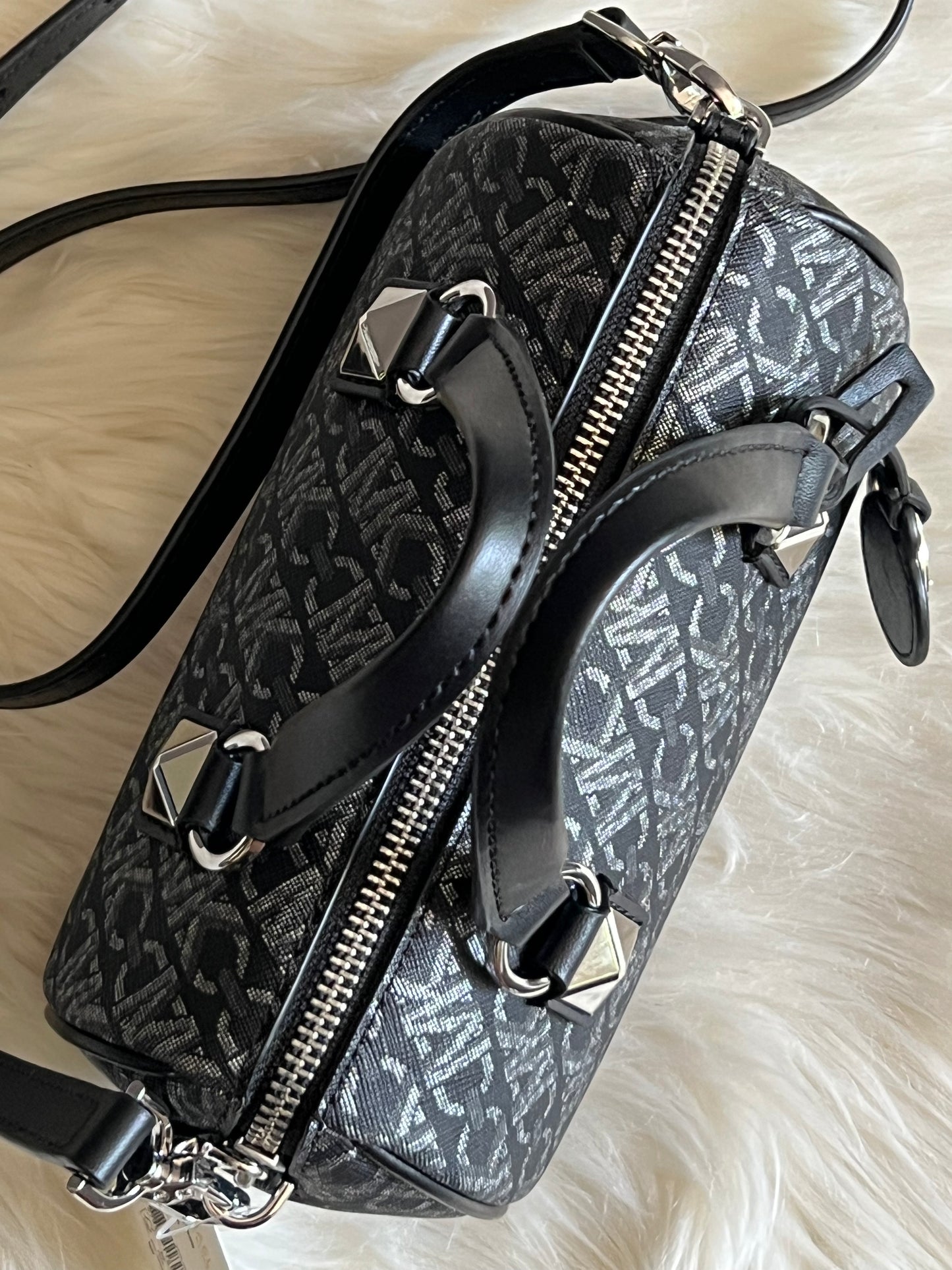 Michael Kors Grayson Small Metallic Empire Monogram Duffel Crossbody Bag