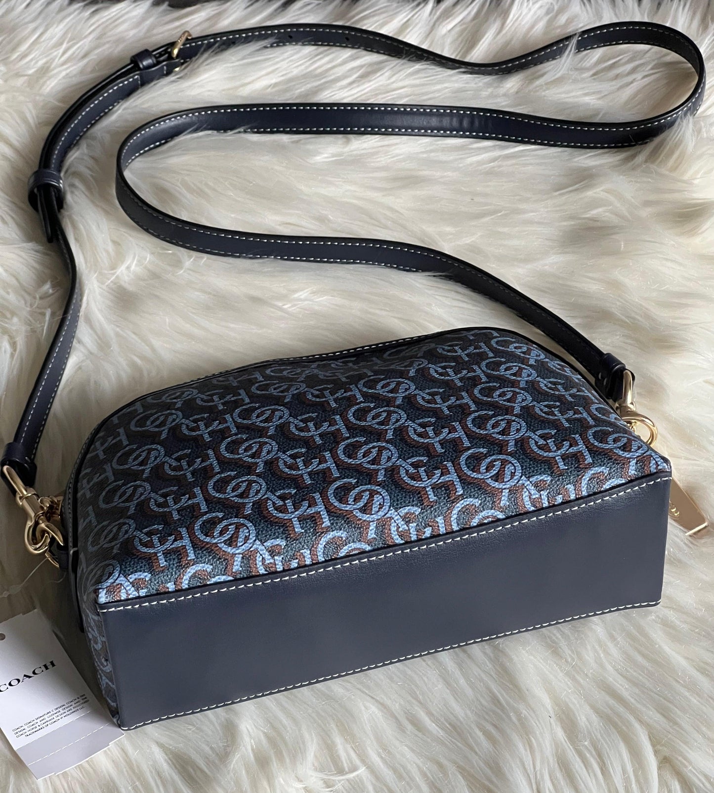 Coach Madi Crossbody with Navy Blue Canvas and Leather Monogram Print