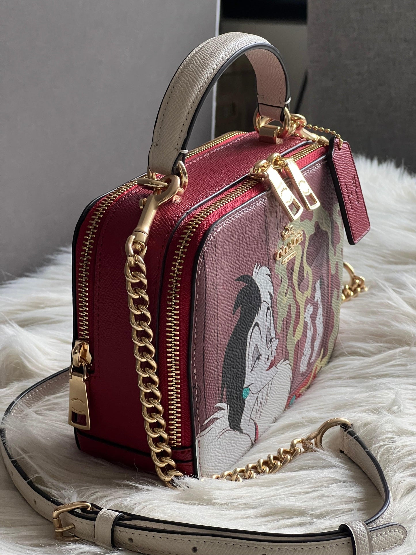 Disney X Coach Box Crossbody with Cruella Motif
