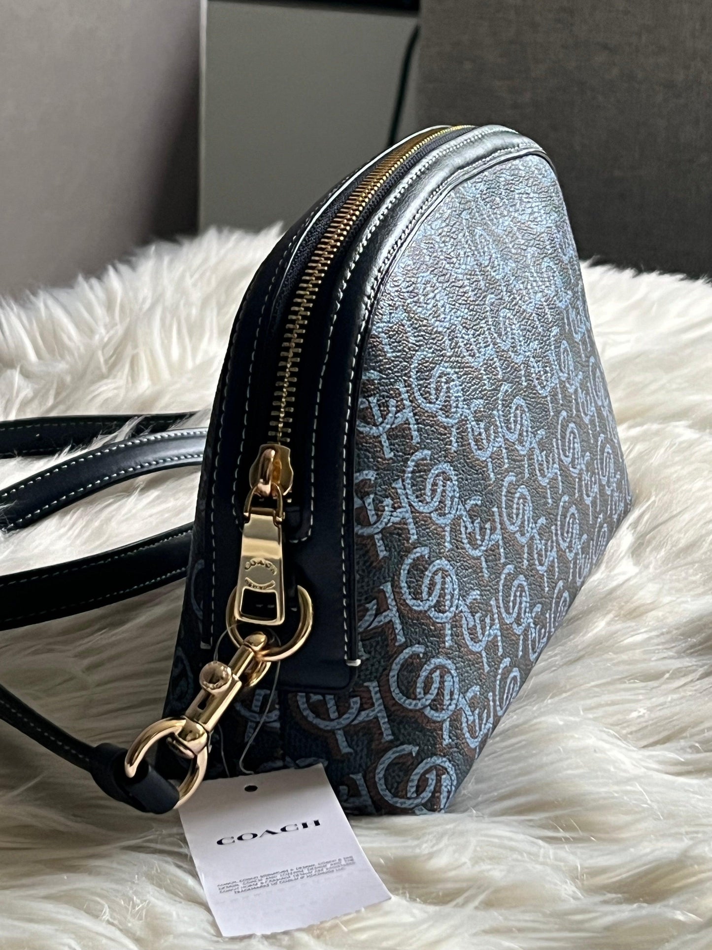 Coach Madi Crossbody with Navy Blue Canvas and Leather Monogram Print
